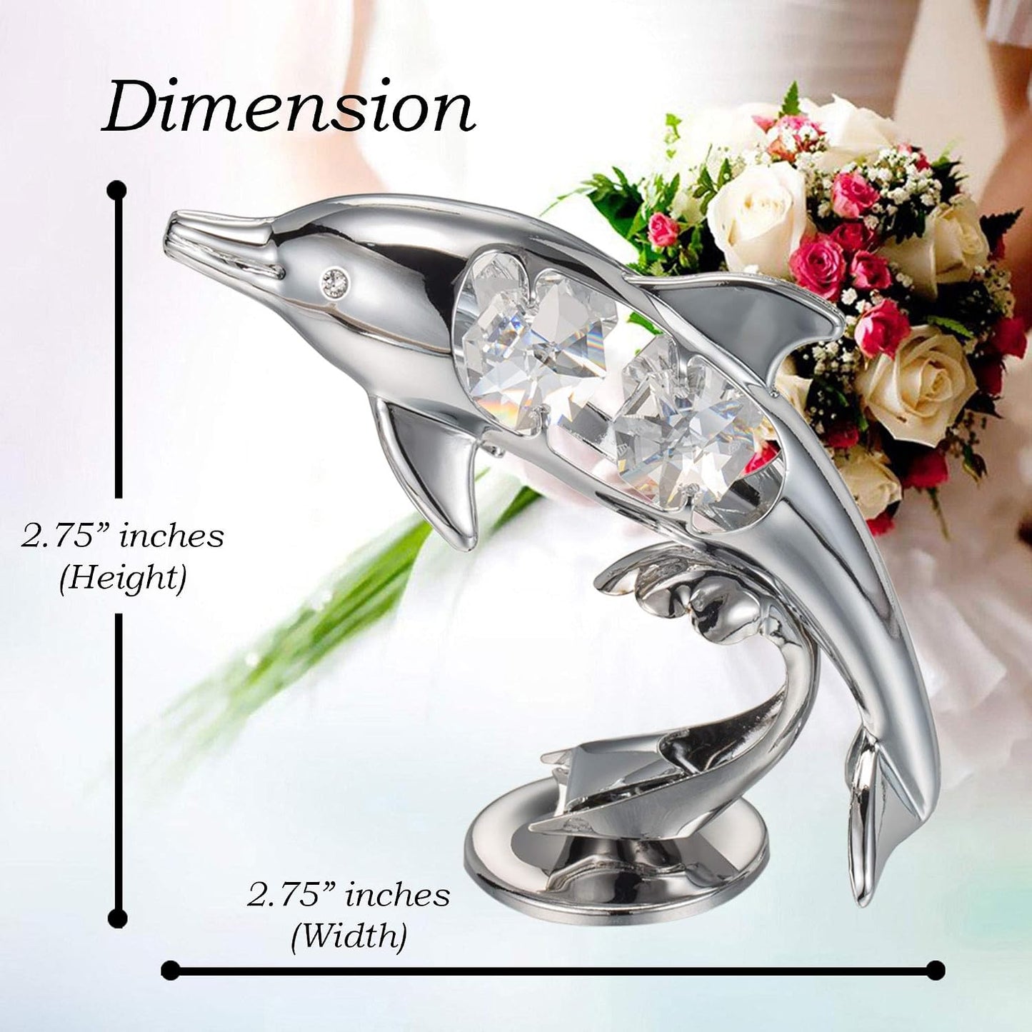 Chrome Plated Crystal Studded Dolphin Riding Wave Figurine Tabletop Ornament Decorative / Silver