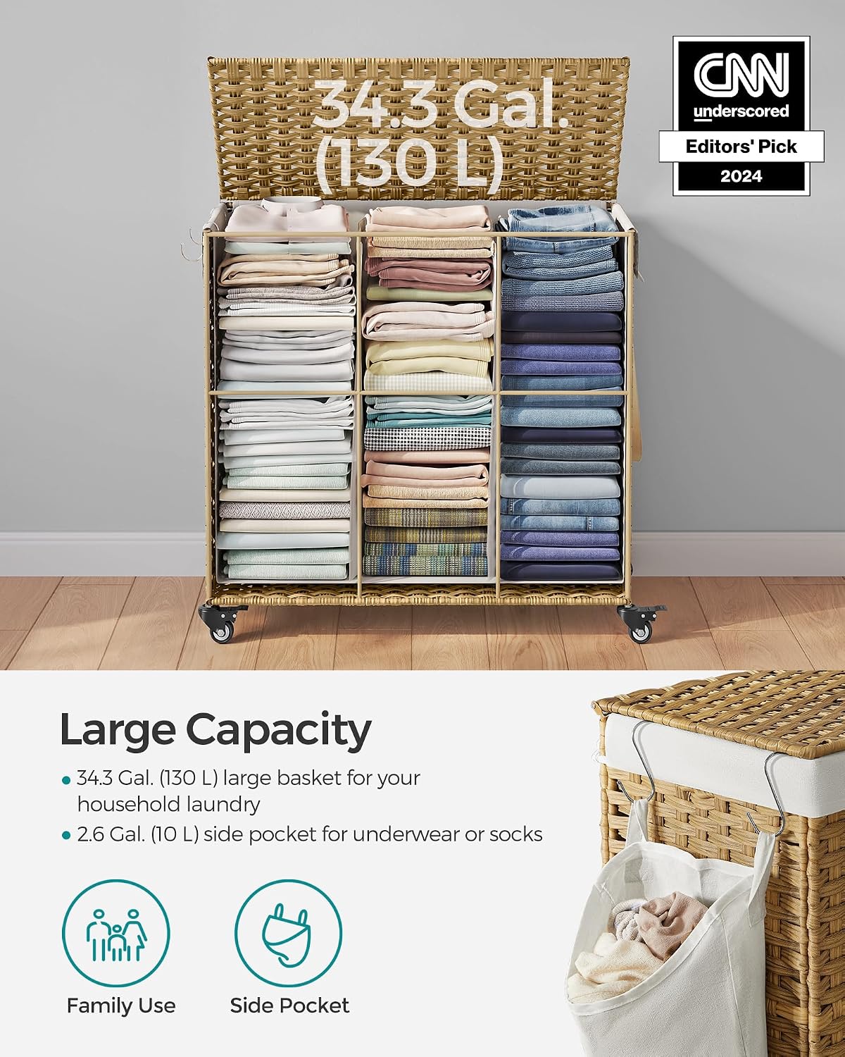Rolling Laundry Basket / 140 L / Natural