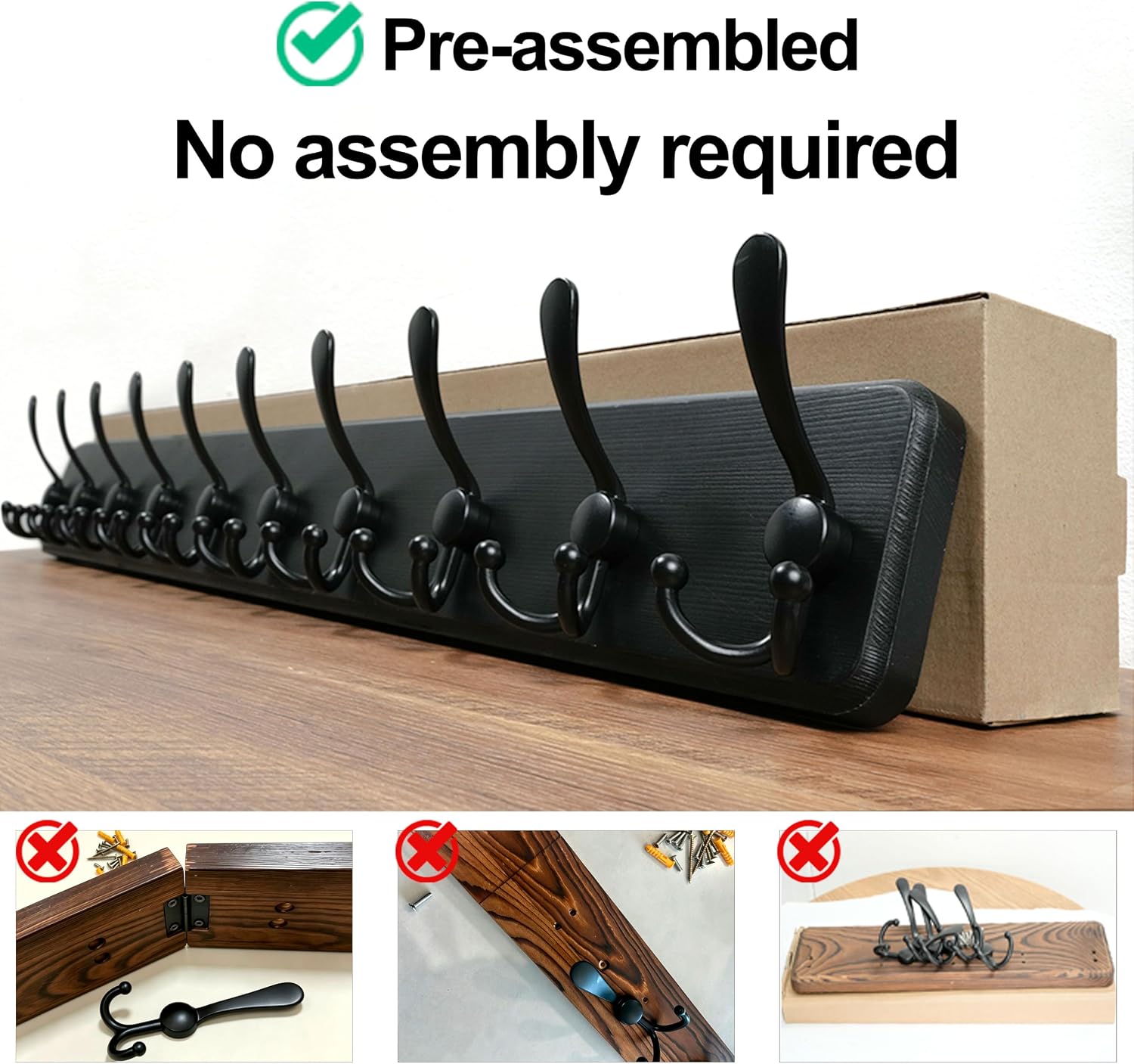 WEBI Coat Rack Wall Mount,38 9/16" Long,10 Tri Hooks for Hanging Coats,16" Hole to Hole,Wood Coat Hooks Wall