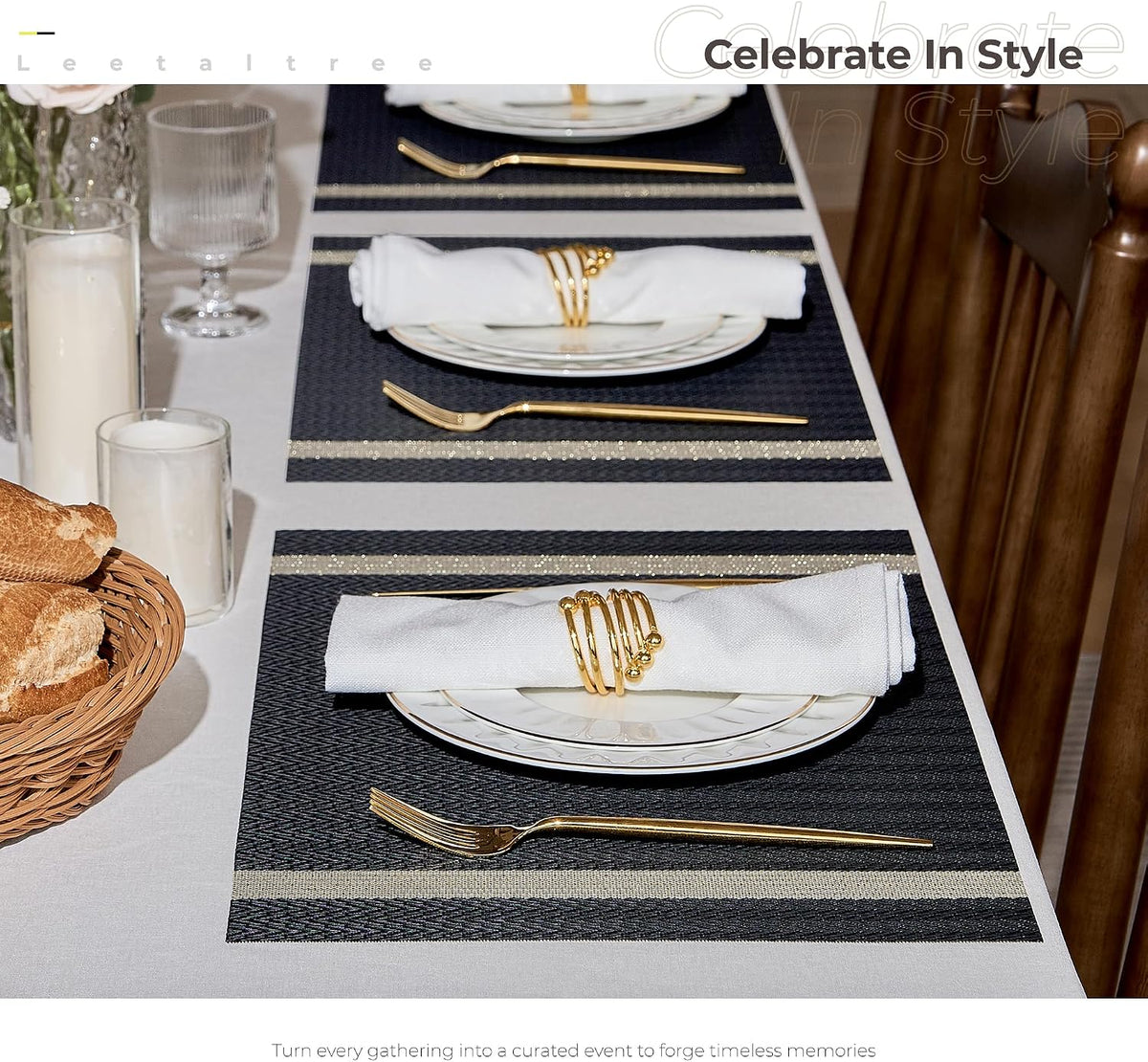Leetaltree Woven Vinyl Placemats Set of 8,Black Striped | High Density，Stain Resistant, Easy to Clean, Washable Table