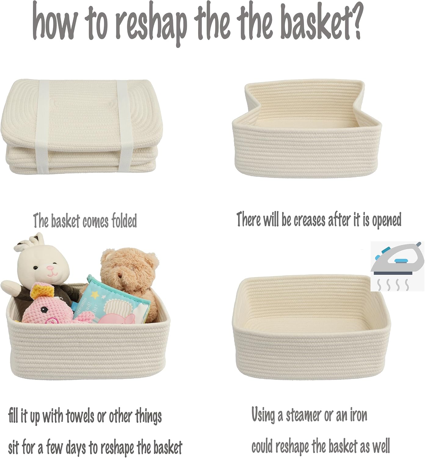 Small Woven Storage Baskets " Decorative Rope Bins for Organizing / White / Regular / 12 x 8 x 5