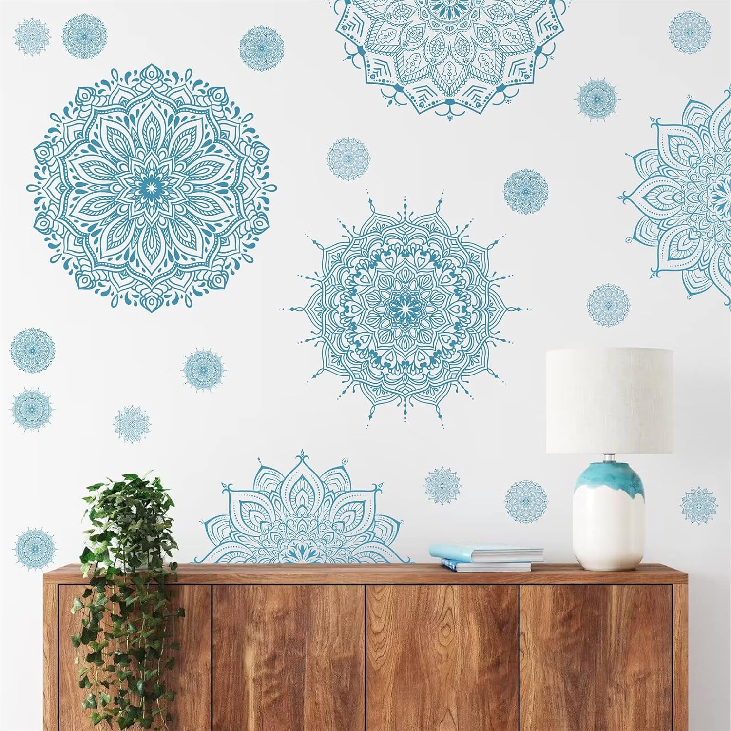 Light Blue Mandala Wall Stickers Removable Mandala Art Decals Peel and Stick Lotus / Blue Small