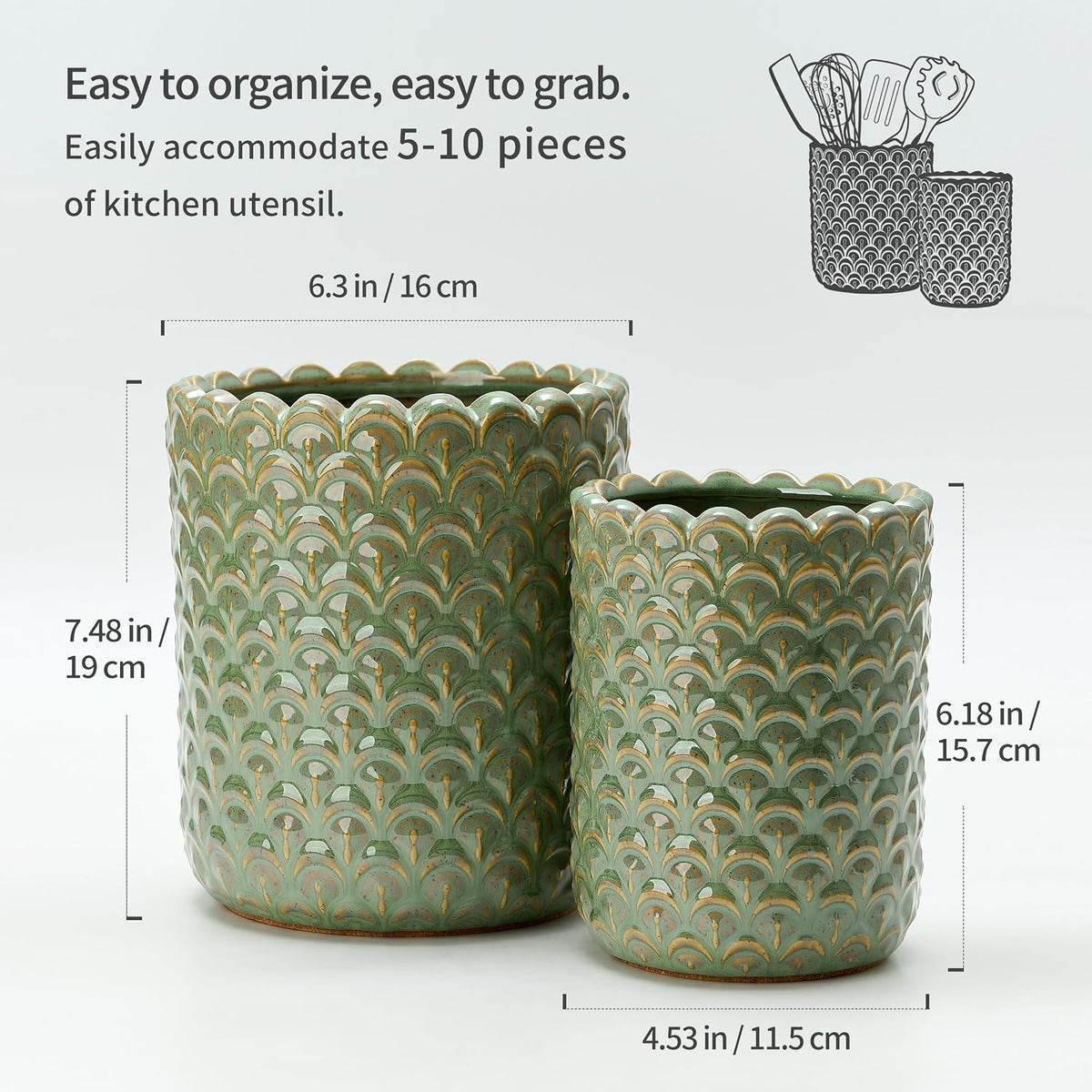 JIEMEI HOME Kitchen Utensil Holder, Large 7.5"+6.2" Petal Ceramic Utensil Crock for Countertop, Utensil Holder with