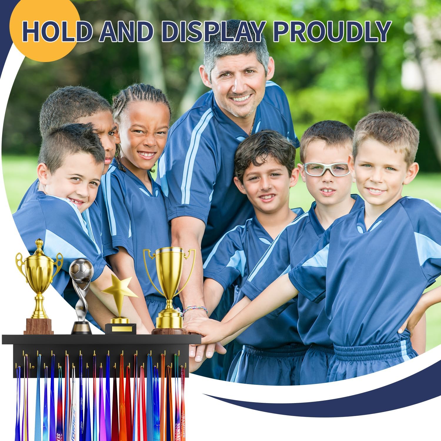Medal Holder Display Trophy Shelf Organizer, Sturdy Wooden Race Award Hanger Rack with 25 Steel Hooks, Wall Mount