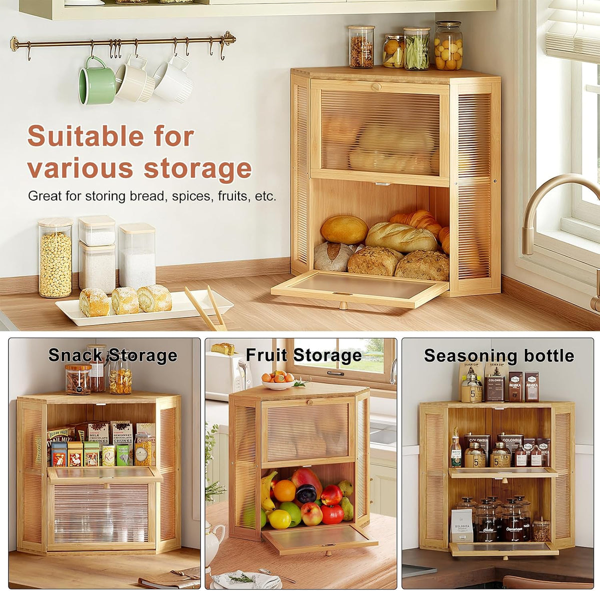 WOWLIVE Double Layer Corner Bread Box for Kitchen Countertop with 2 Doors | Bamboo Bread Storage Container, Large