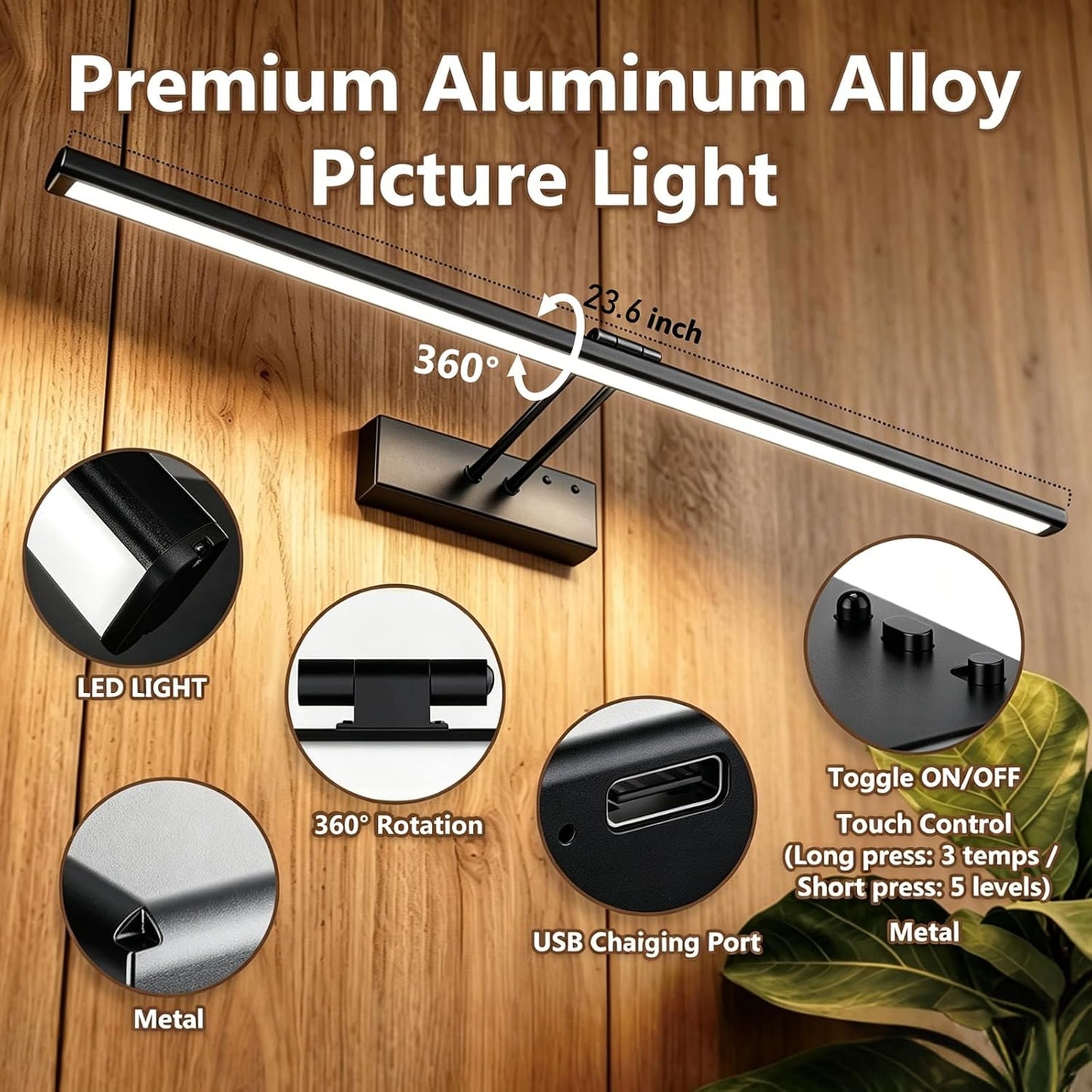 24" Wireless Picture Light, Dimmable Rechargeable Wall Light for Artwork | 5400mAh Cordless Black Wall Sconce
