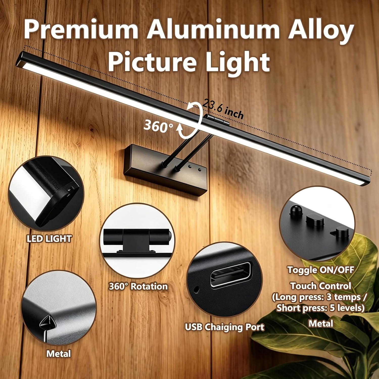 24" Wireless Picture Light, Dimmable Rechargeable Wall Light for Artwork | 5400mAh Cordless Black Wall Sconce