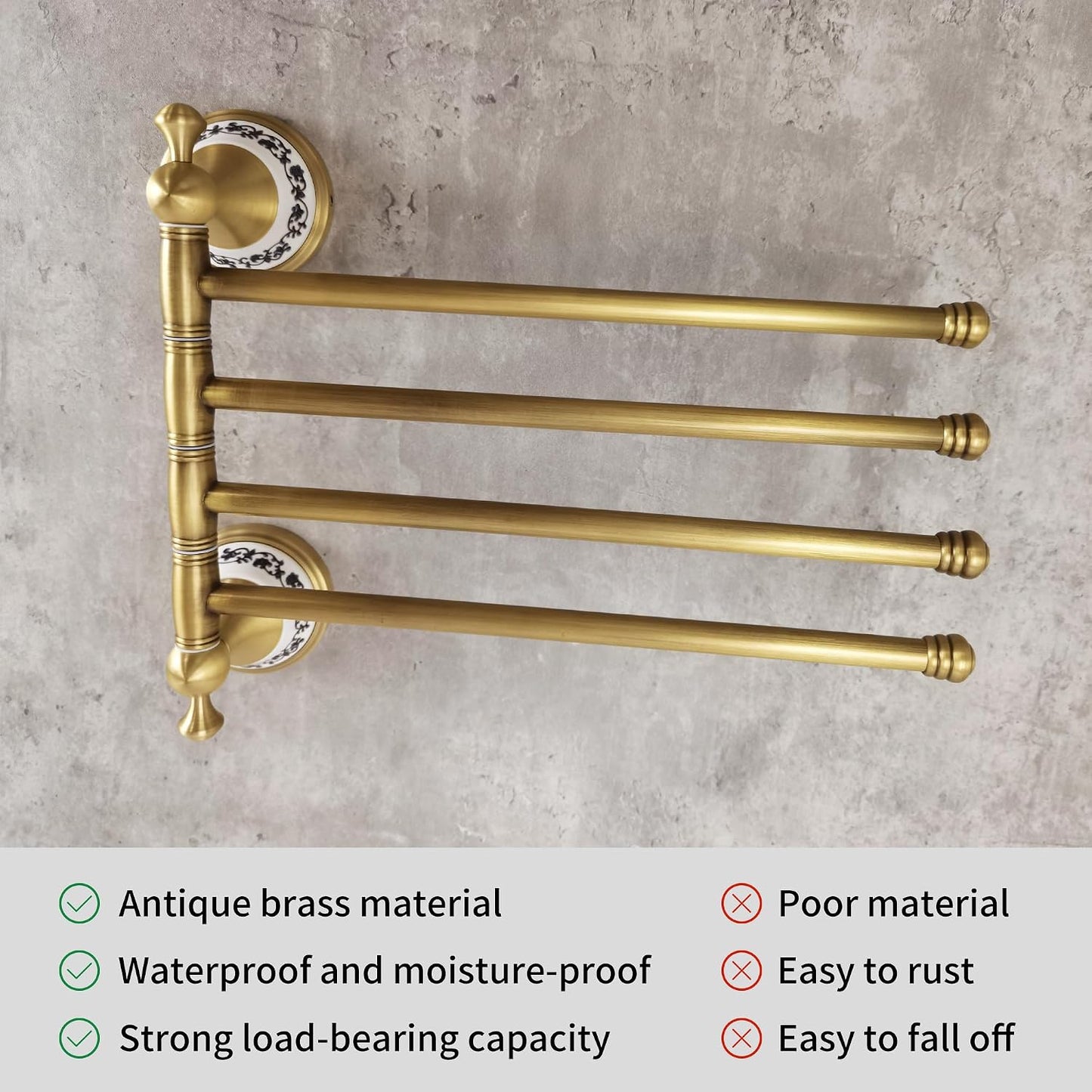 Swivel Towel Rack for Bathroom, Antique Bronze Folding 4 Arms Hand Towel Bars Towel Hanger for Laundry, Wall Mount