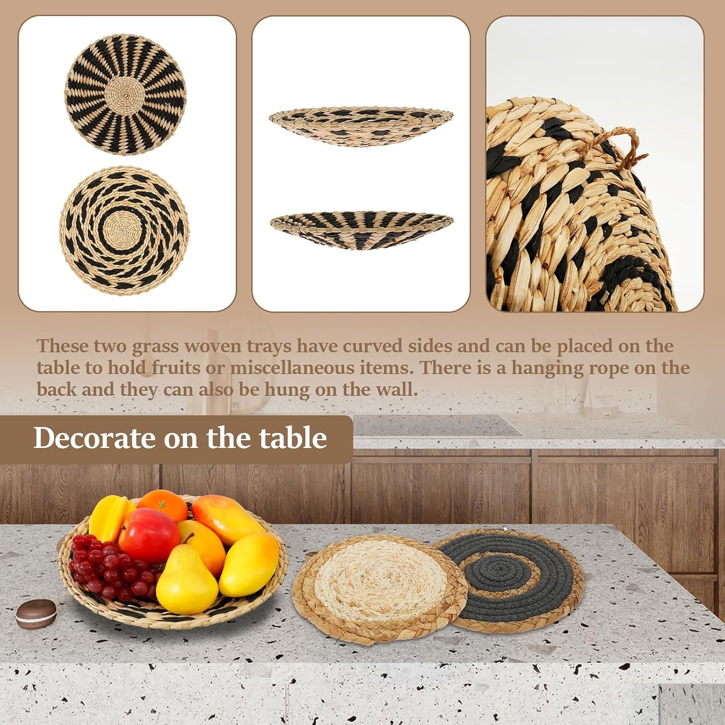 Boho Wall Basket Set Hanging Woven Wall Basket Decor Rattan Flat Round Wicker / Style 1 / Set of 7