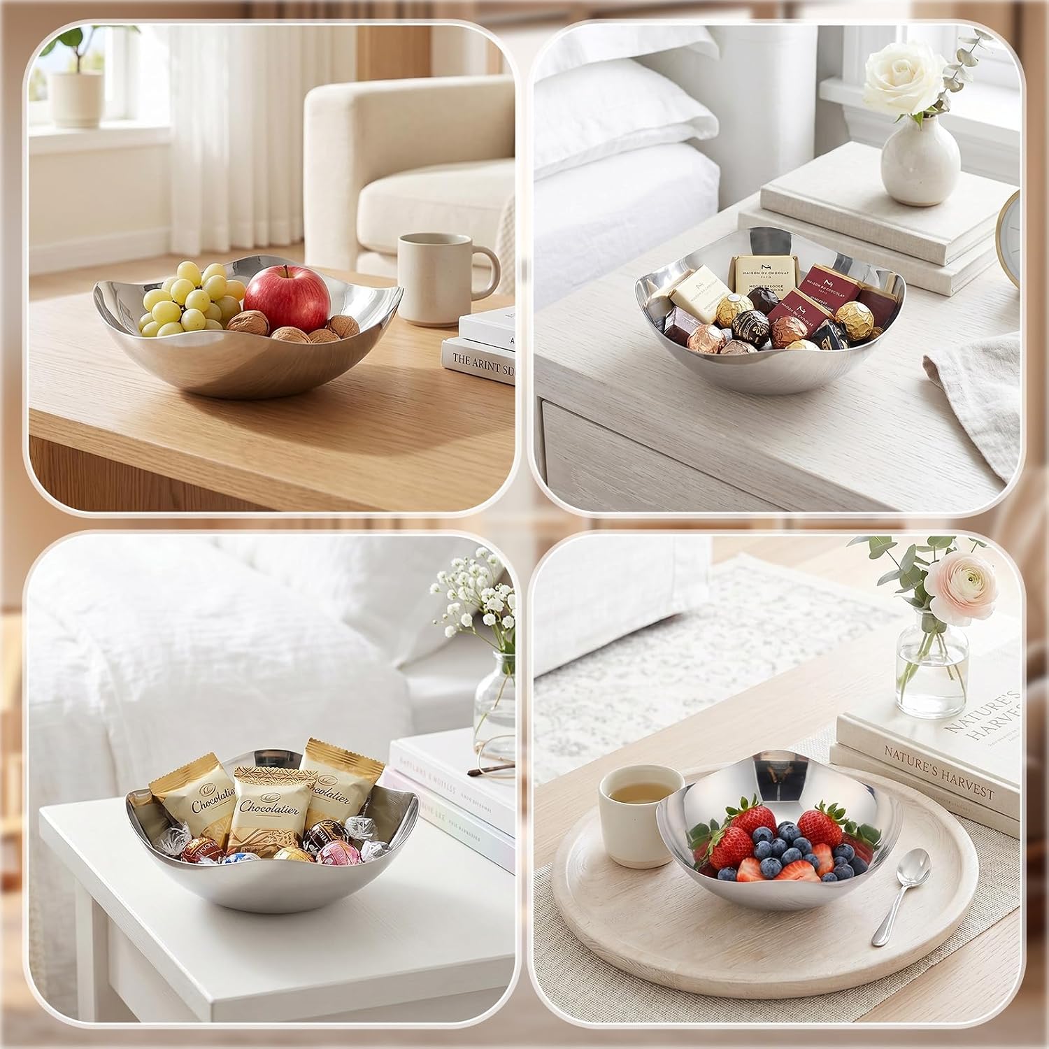 Large Candy Bowl Stainless Steel Decorative Bowl Candy Dish / 8 Inch / Silver / Set of 4