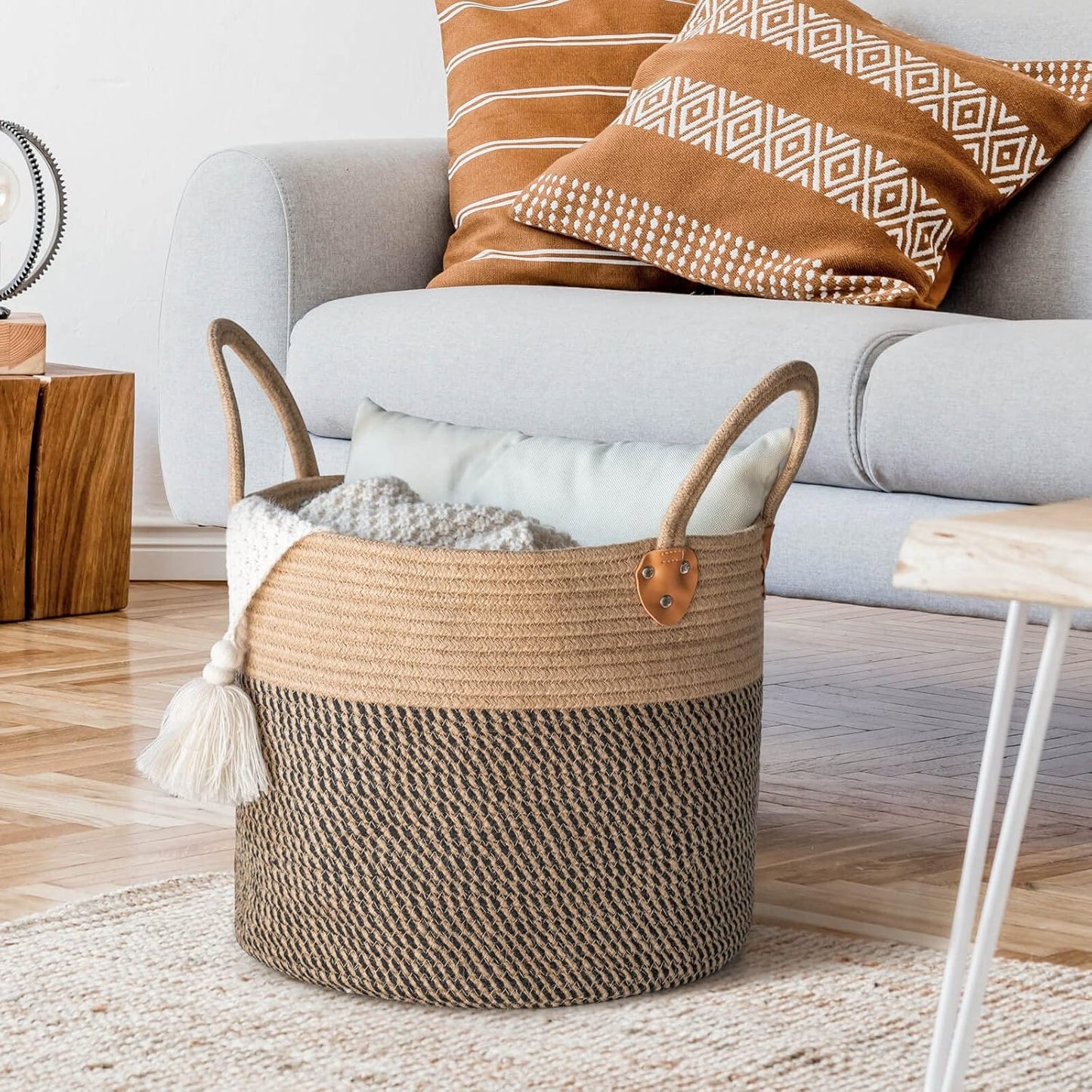 Wicker Laundry Basket / Black / 14"W x 12"H