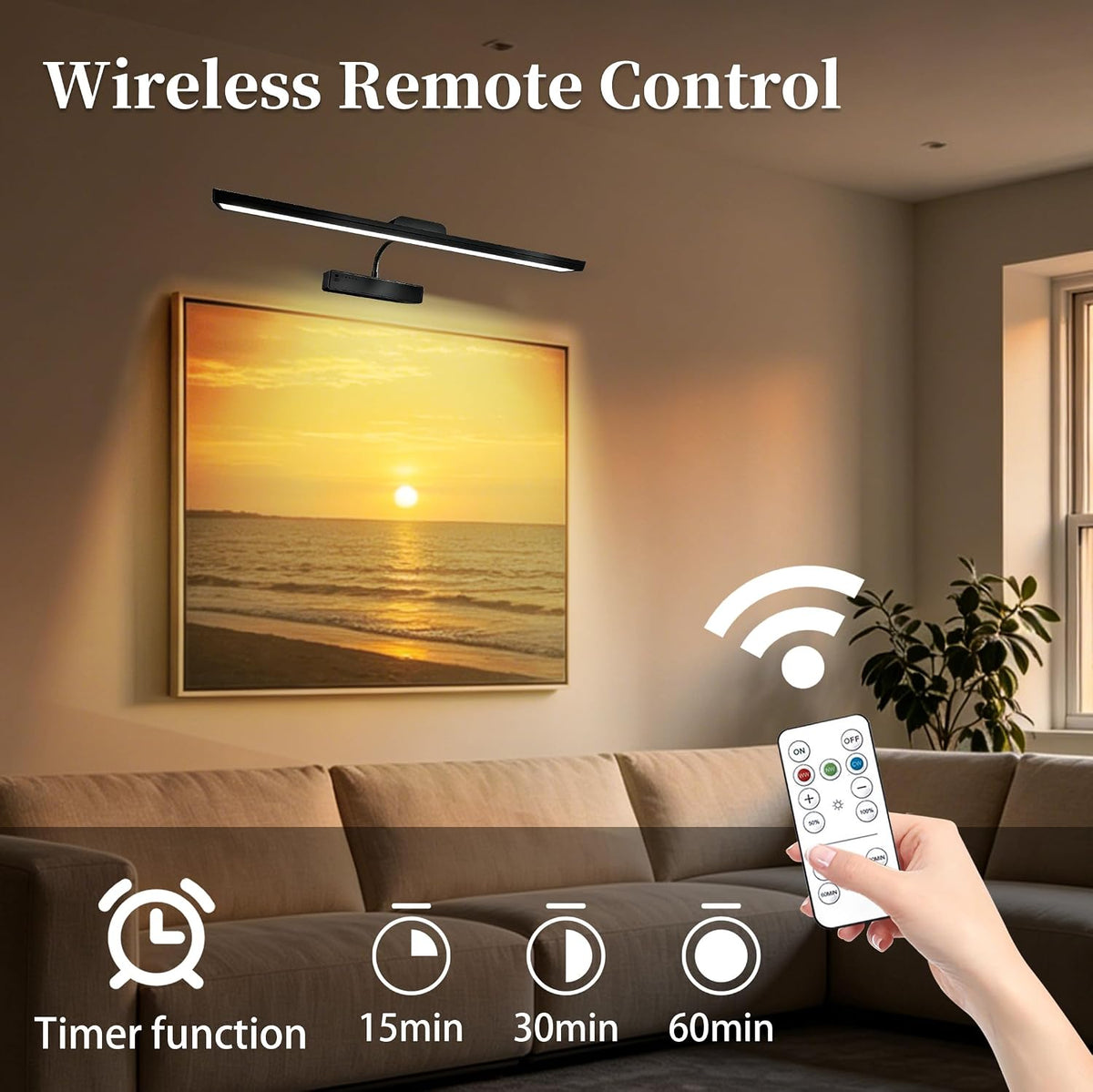 MIOBLUE Picture Light for Wall, 4800mAh Rechargeable Wireless Remote, 15in Dimmable Timer LED Art Display Light with 3