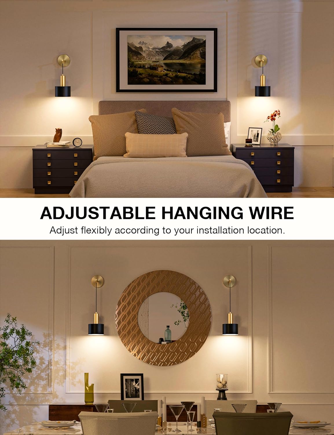 Battery Operated Wall Sconce Set of 2, Gold & Black Wireless Rechargeable Wall Lights with 5200mAh Dimmable Detachable