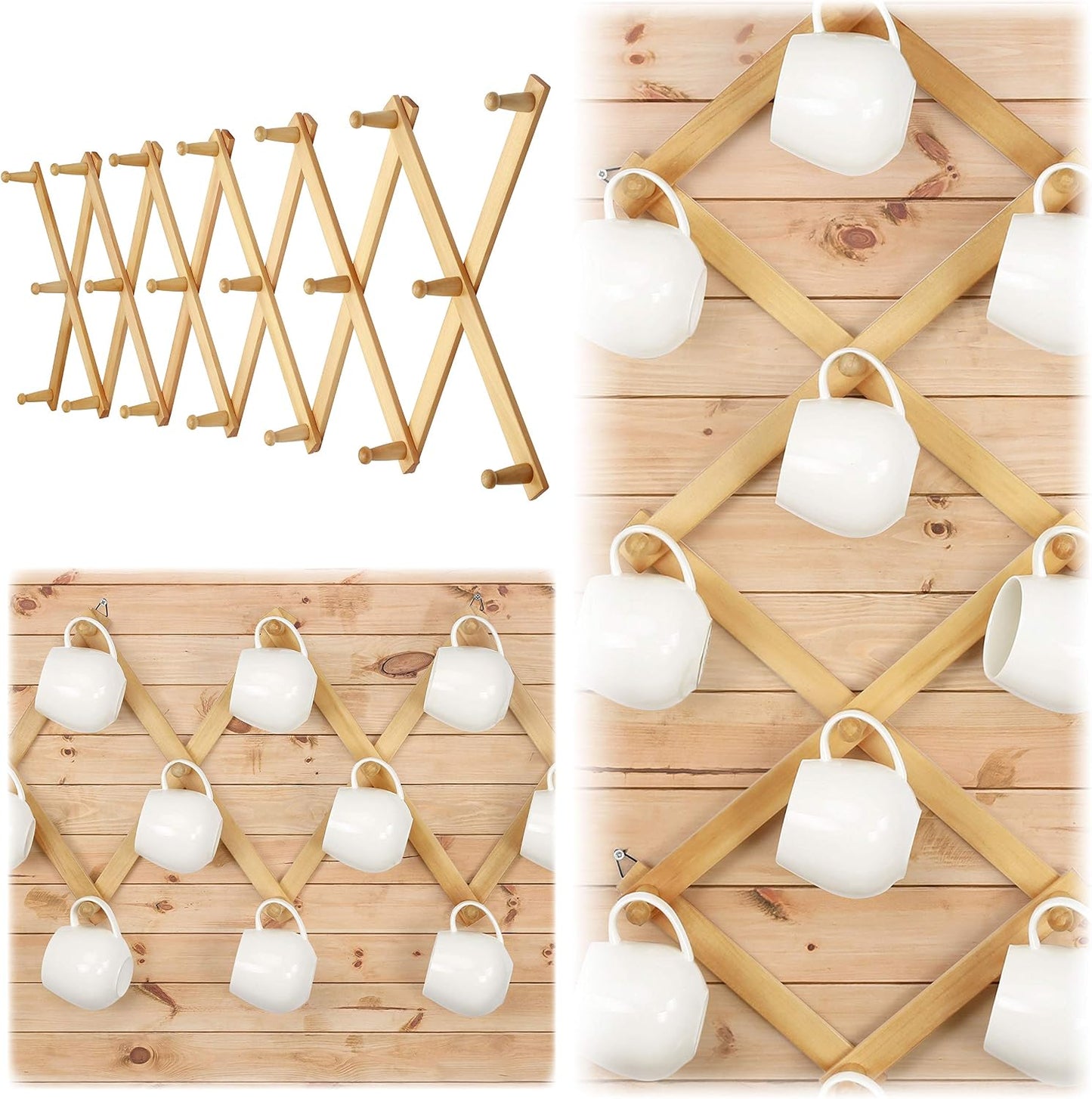 Accordian Wall Hanger: 16” High Wooden Wall Expandable Coat Rack, Hat Rack Holder, Accordion Hook for Baseball Caps