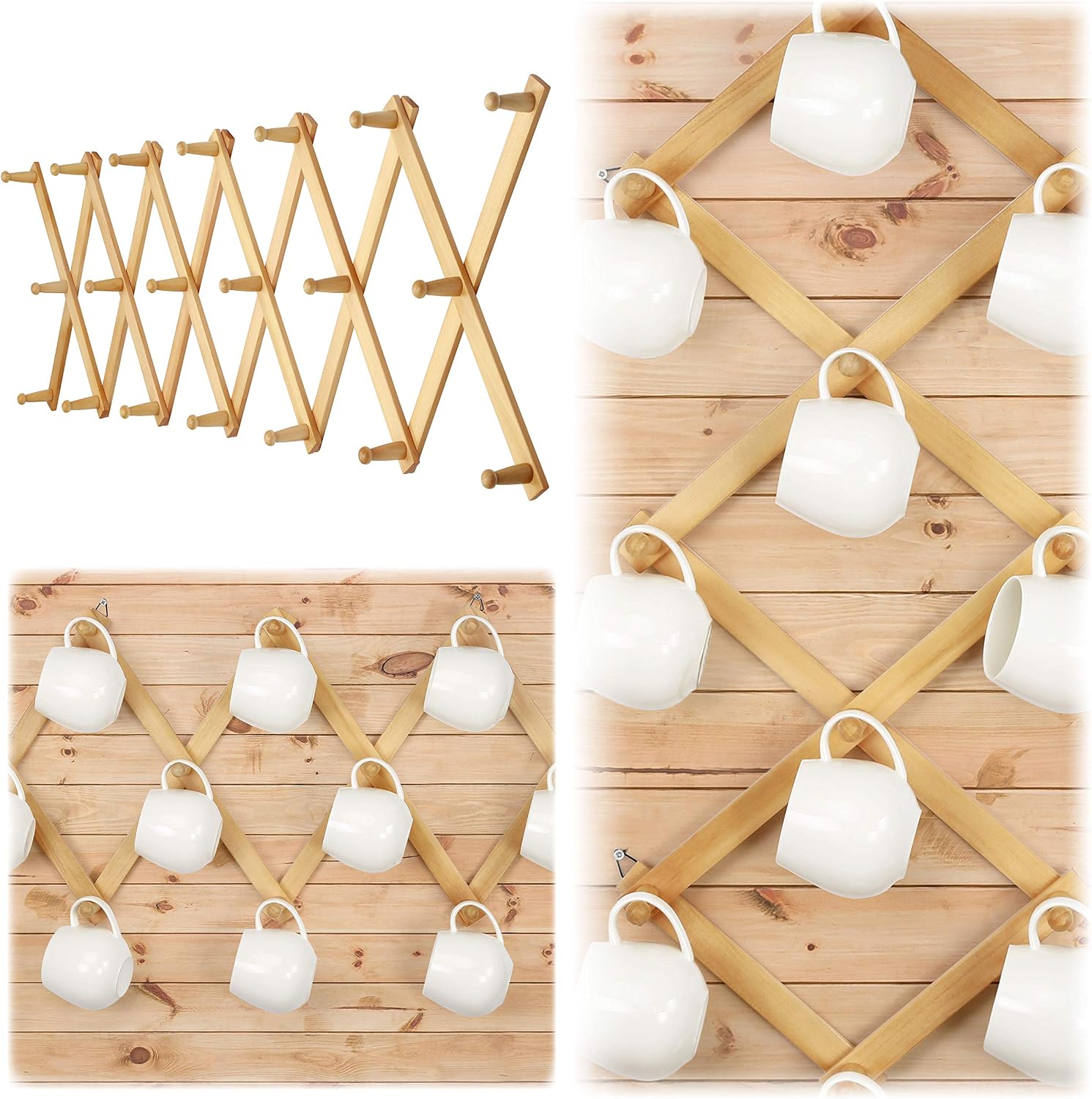 Accordian Wall Hanger: 16” High Wooden Wall Expandable Coat Rack, Hat Rack Holder, Accordion Hook for Baseball Caps