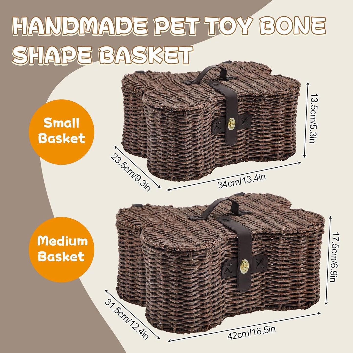 Lid Bone Shaped Basket for Dog Natural Woven Handmade Pet Puppy / Wicker / Dark Brown / Set of 2