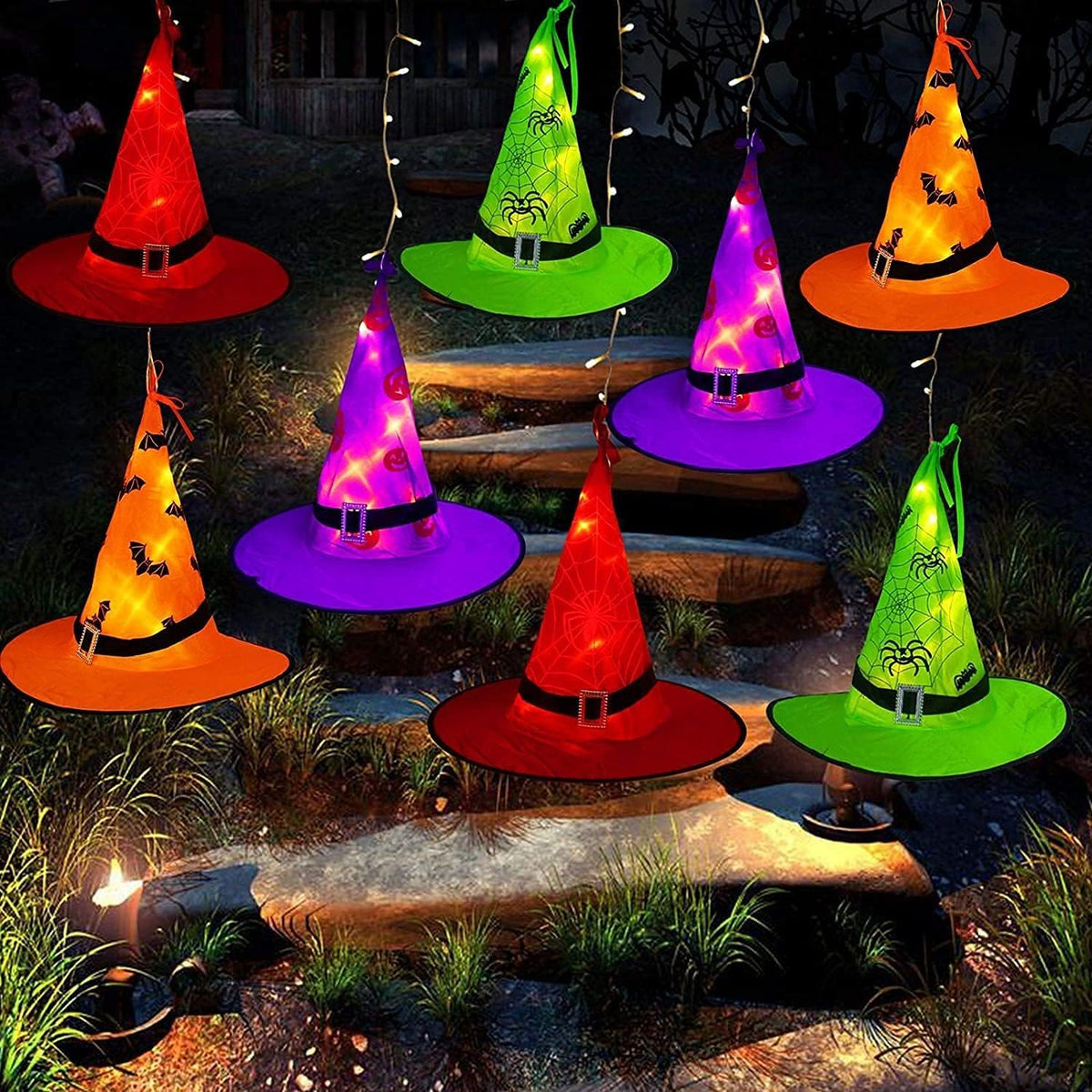 MZD8391 44FT 104LED Halloween Decoration, 8PC Lighted Hanging Witch Hats