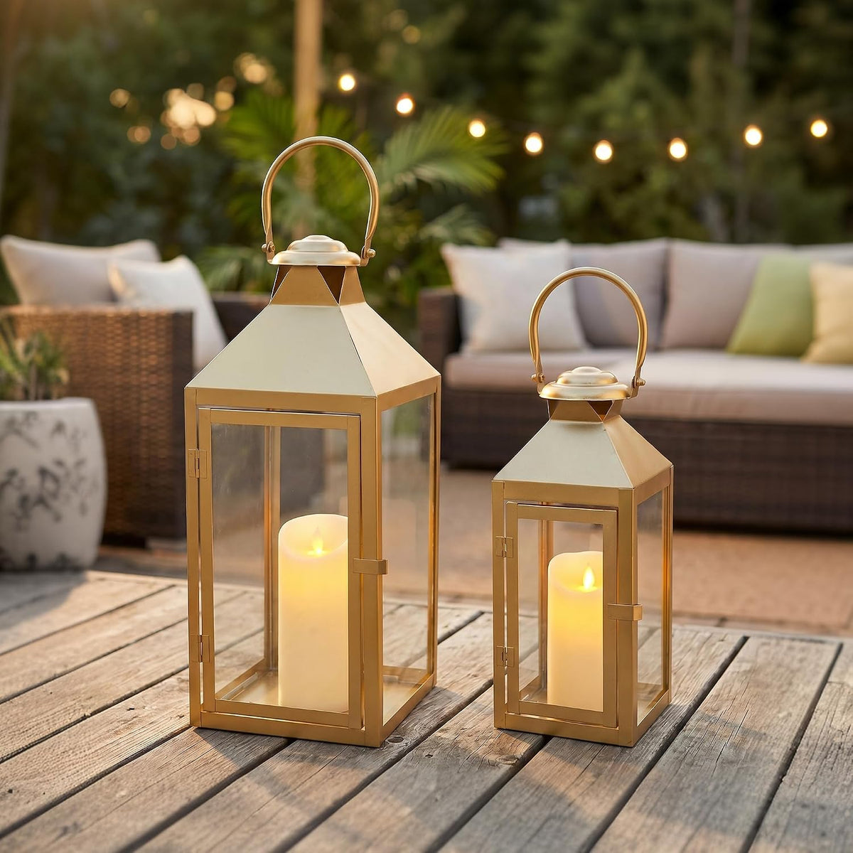 JHY DESIGN Set of 2 Gold Decorative Candle Lanterns 17.5"&13.5" H Metal Hanging Candle Holders for Indoor Outdoor Home