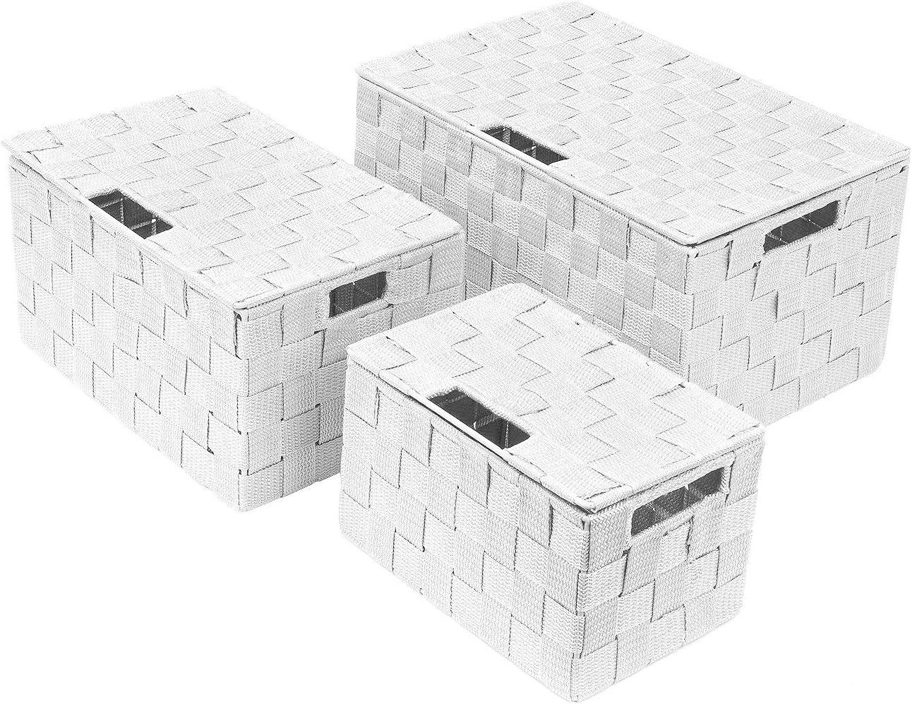 Hand-Woven Storage Baskets / Lid Bins / White / Set of 3