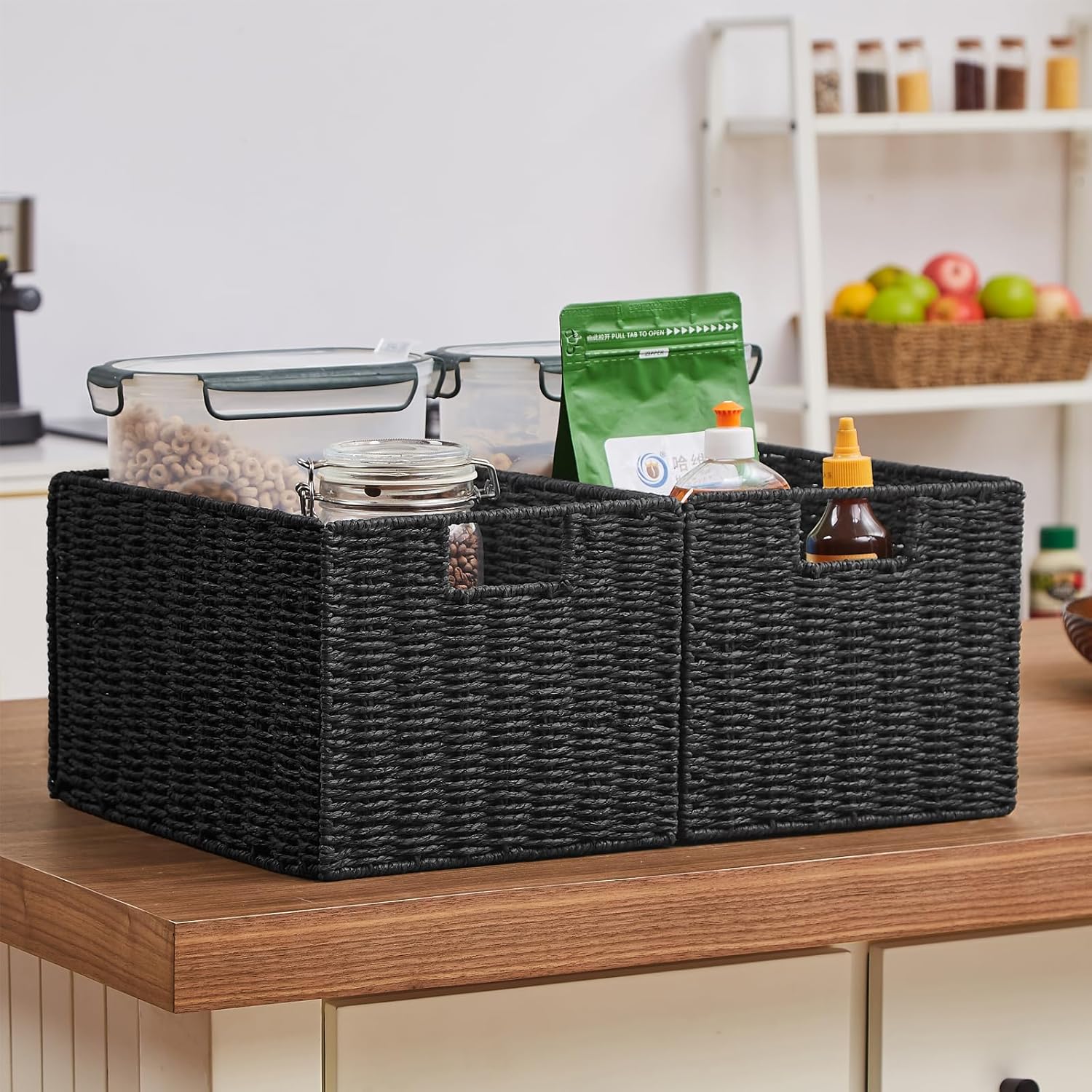 Wicker Storage Basket / Black / 15.2"D x 10"W x 8.6"H / Set of 2