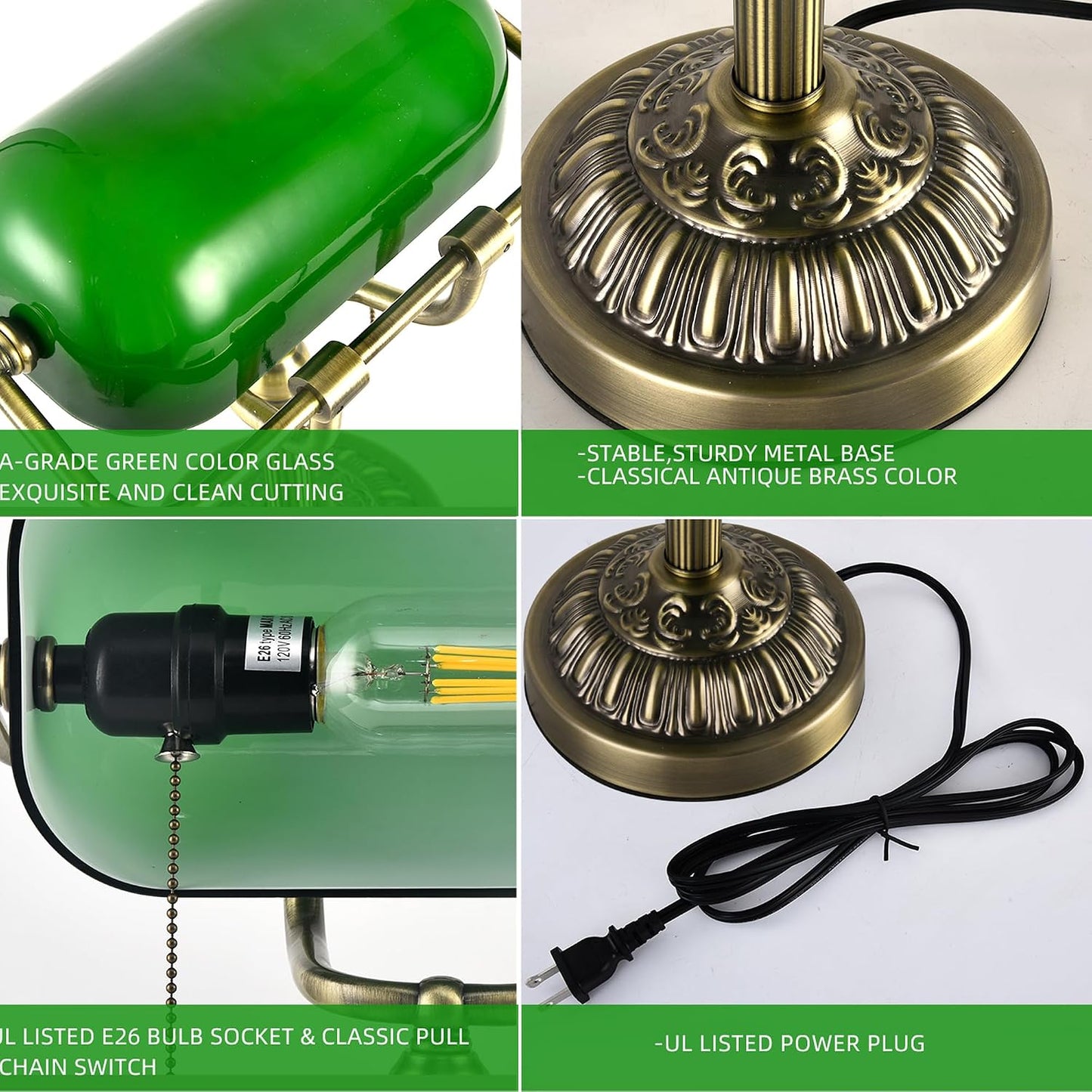 Bankers Desk Lamp with USB-A Charging Port, Vintage Desk Lamps with Pull Chain Green Glass, Antique Brass Banker's Lamp