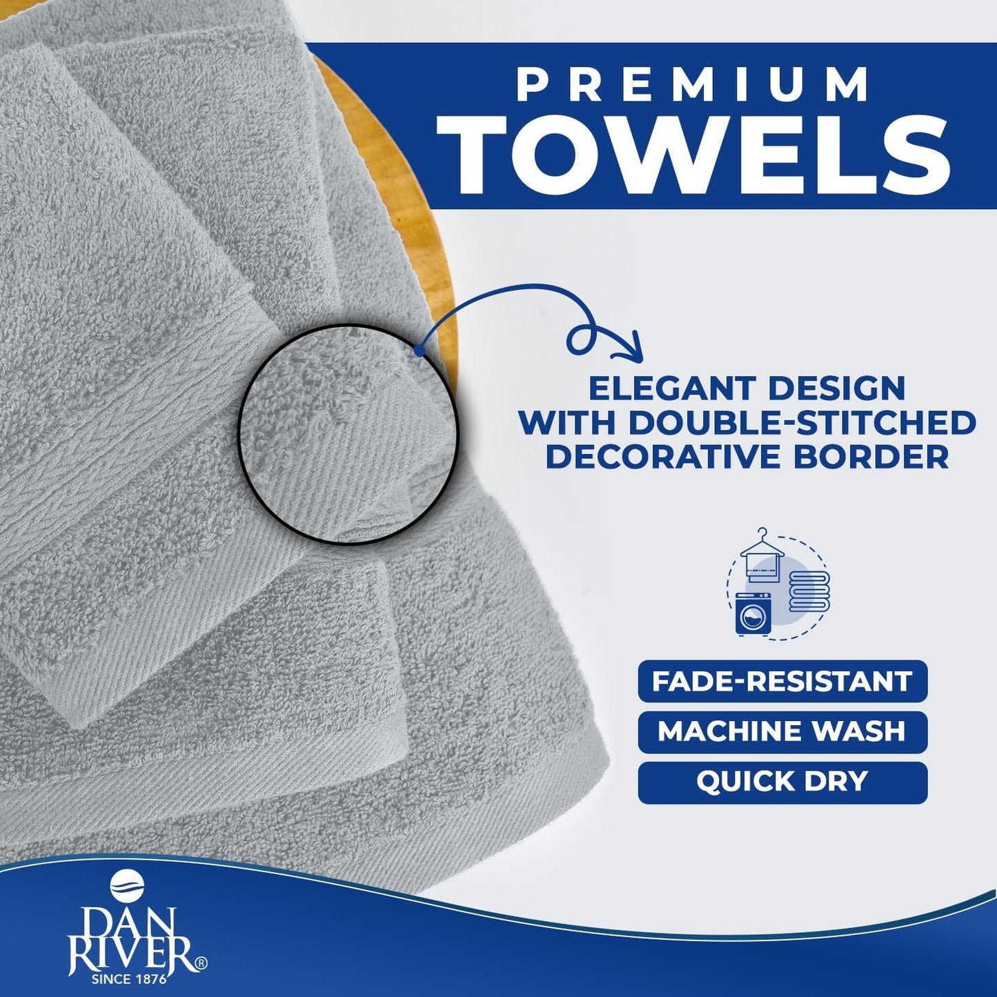 DAN RIVER 8 Piece Luxury Bath Towels for Bathroom, Towel Set, Silver | 2 Bath towels, 2 Hand towels, and 4 Wash Cloths
