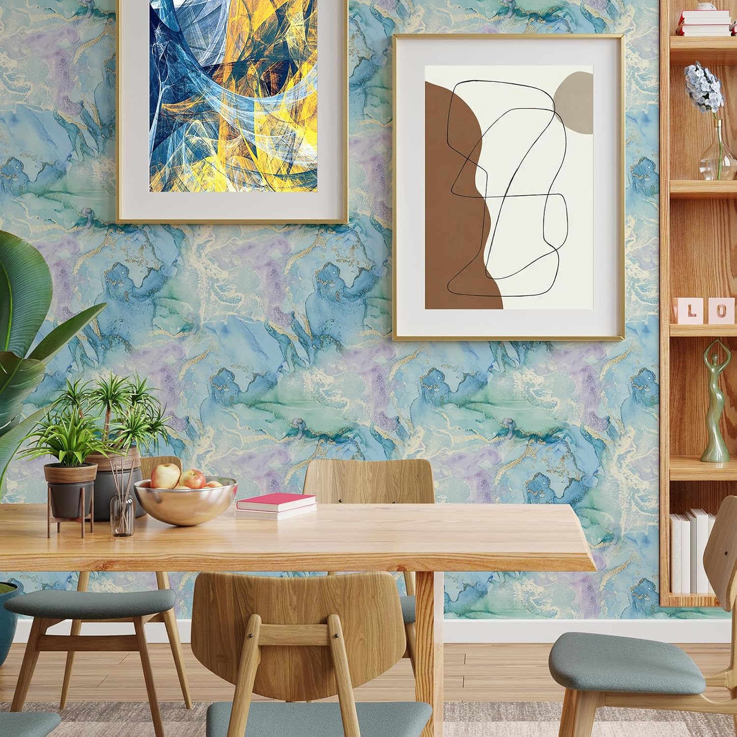 Watercolor Blue Gold Marble Peel and Stick Wallpaper Self / 17.7 x 118.1 / Mint Green and Gold