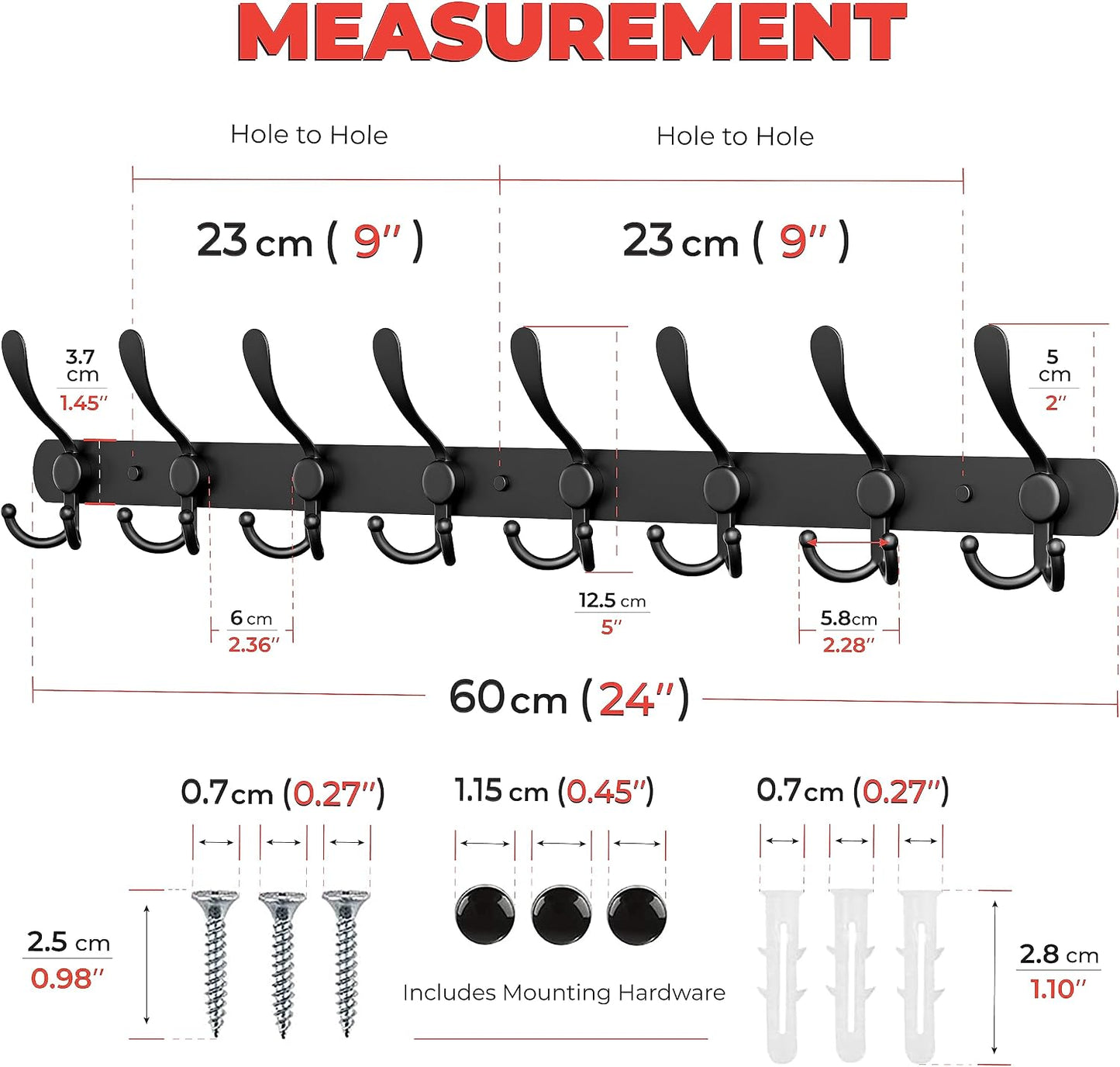 Coat Rack Wall Mount with 8 Tri Hooks – 24 Inch Stainless Steel Coat Hook Rack, Heavy Duty Wall Mounted Organizer for