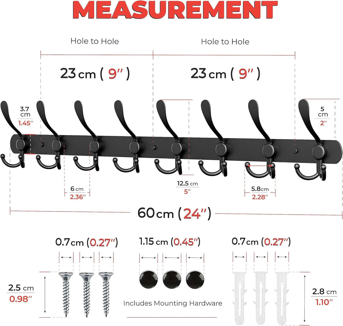 Coat Rack Wall Mount with 8 Tri Hooks – 24 Inch Stainless Steel Coat Hook Rack, Heavy Duty Wall Mounted Organizer for