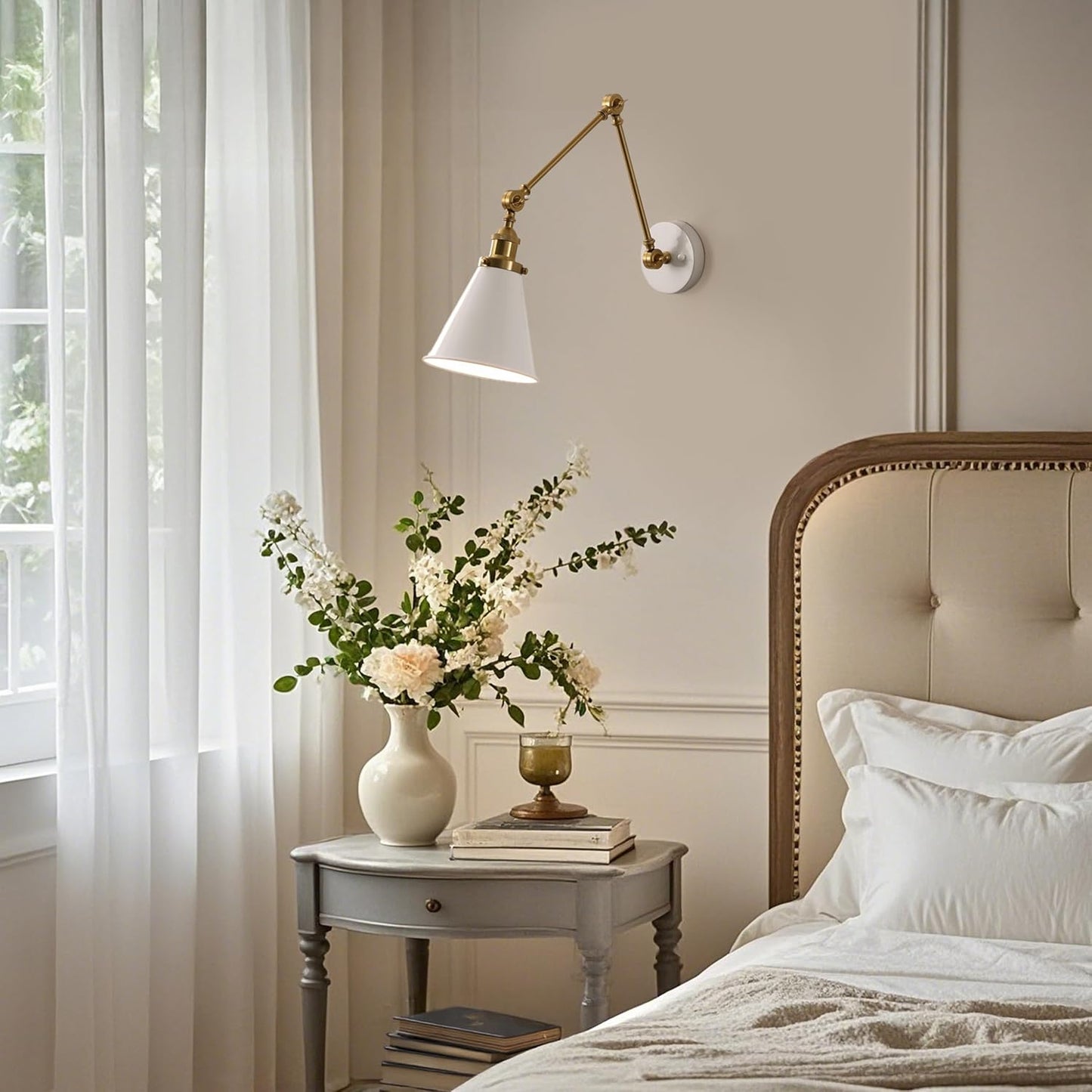 JONATHAN Y Rover 1-Light Wall Sconce 7", White/Brass Gold | Adjustable Arm, Hardwired Bedside Reading Swing Arm