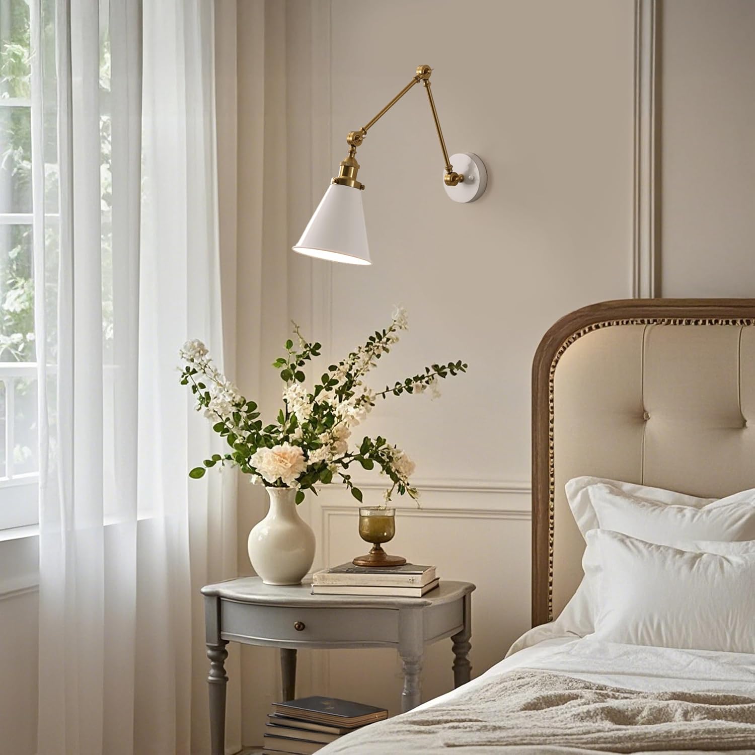 JONATHAN Y Rover 1-Light Wall Sconce 7", White/Brass Gold | Adjustable Arm, Hardwired Bedside Reading Swing Arm