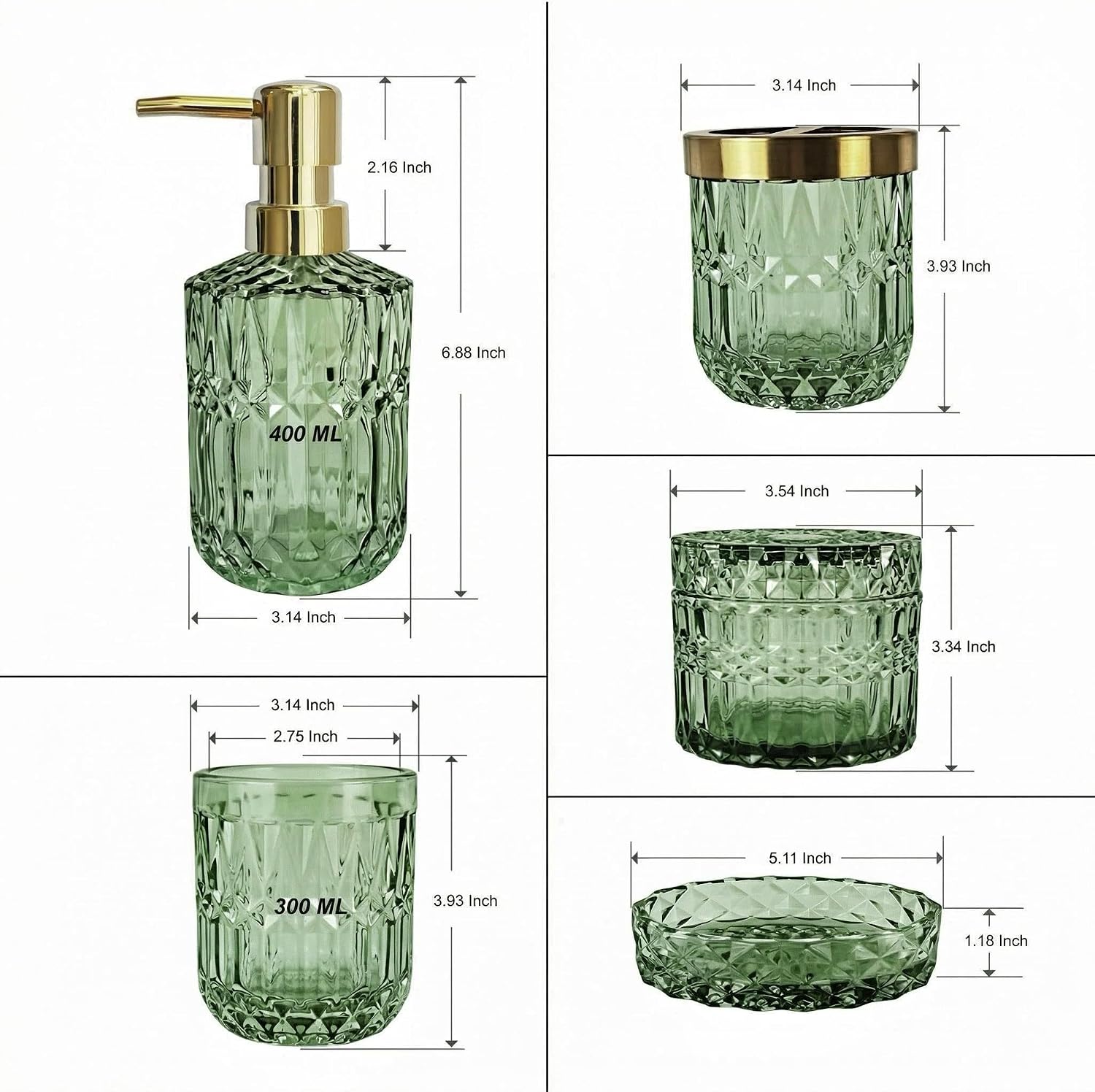LaMarriti Green Bathroom Accessories Set, 6 Pcs Clear Glass Bathroom Set, Soap Dispenser, Soap Dish, Toothbrush Holder