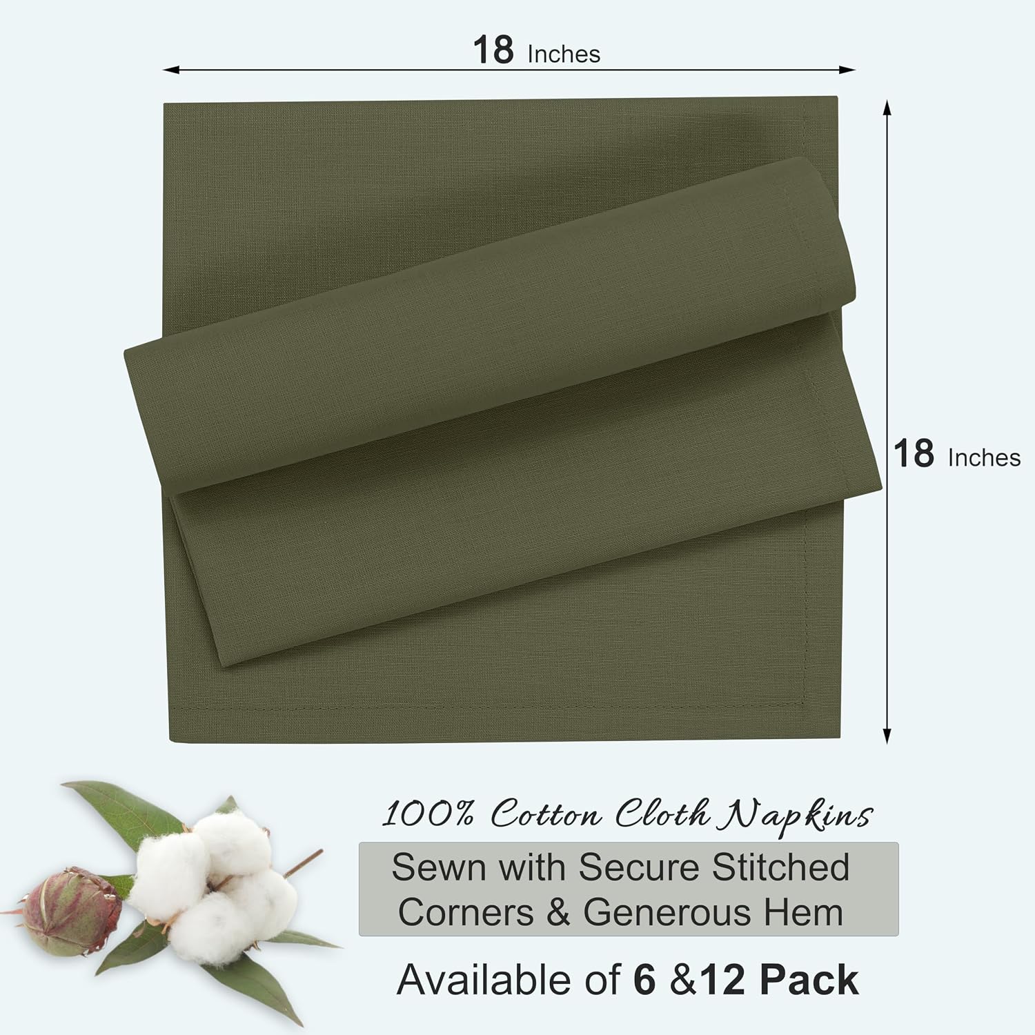 Ruvanti Cloth Napkins Set of 12, 100% Cotton 18”x18” - Capulet Olive | Washable, Soft, Durable & Absorbent Everyday