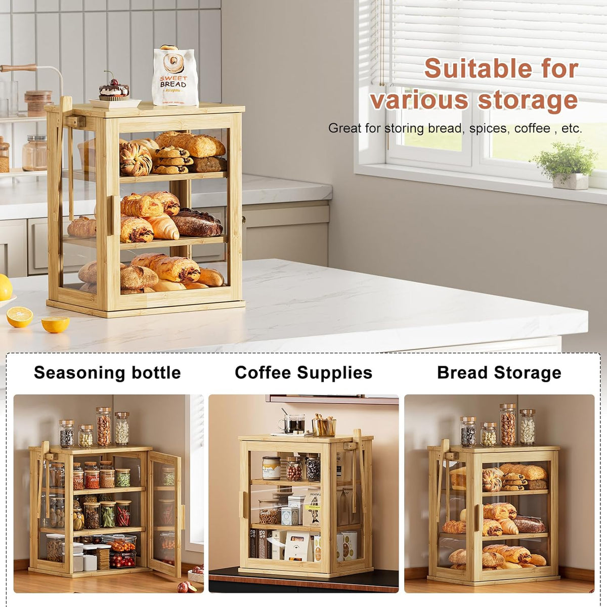 WOWLIVE Bread Box for Kitchen Countertop, 3 Layers Bread Storage Container | Large Bamboo Bread Bin for Homemade Bread