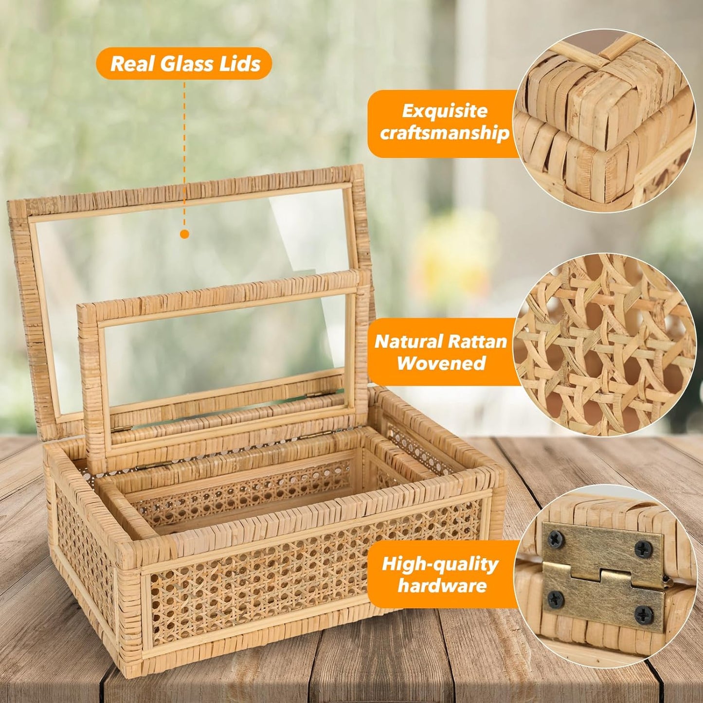 Large Handwoven Boho Rattan Display Boxes / Natural / Set of 2