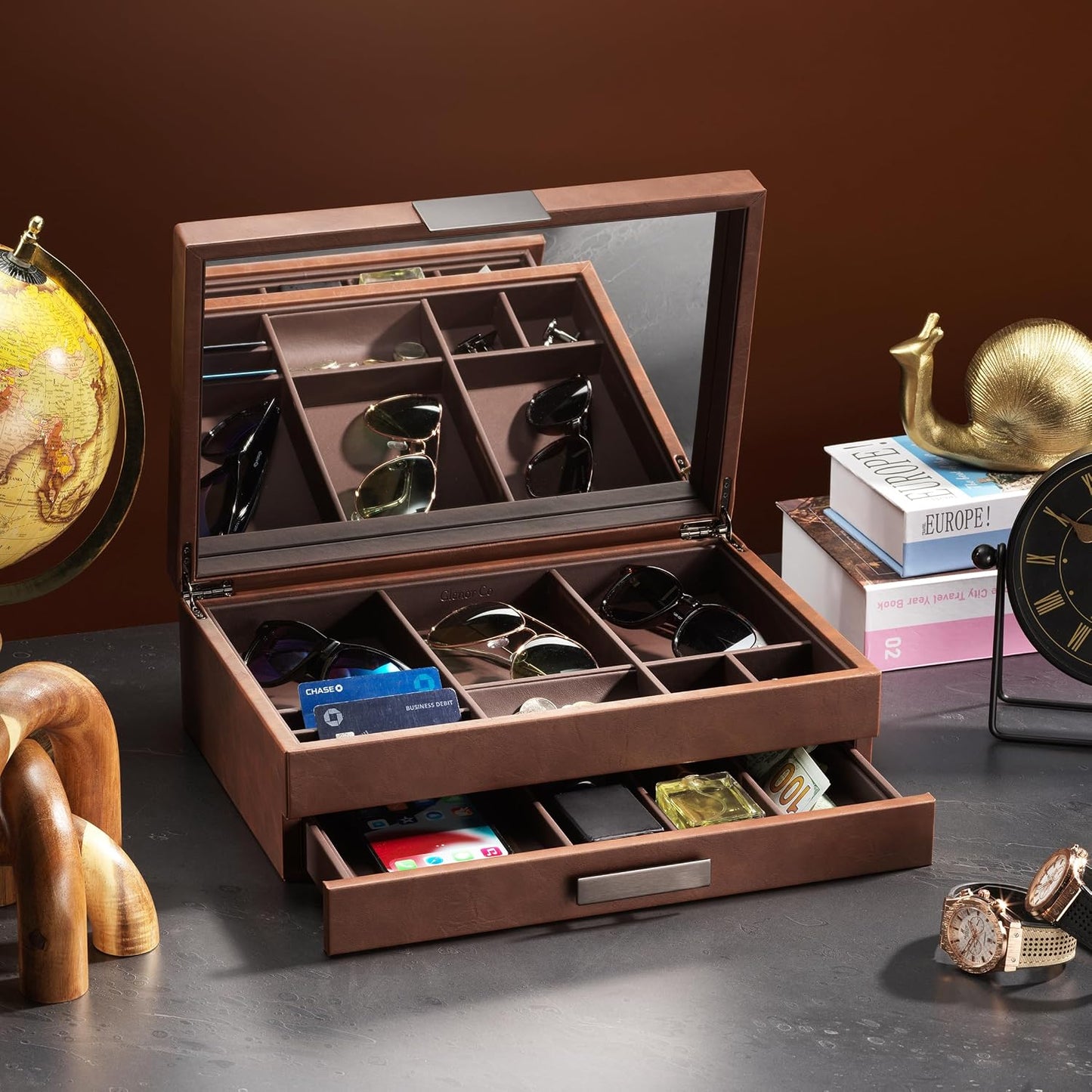 Glenor Co Mens Valet/Dresser Organizer - Luxury 12 Slot Jewelry Accessories Box, Carbon Fiber Design, Drawer Tray