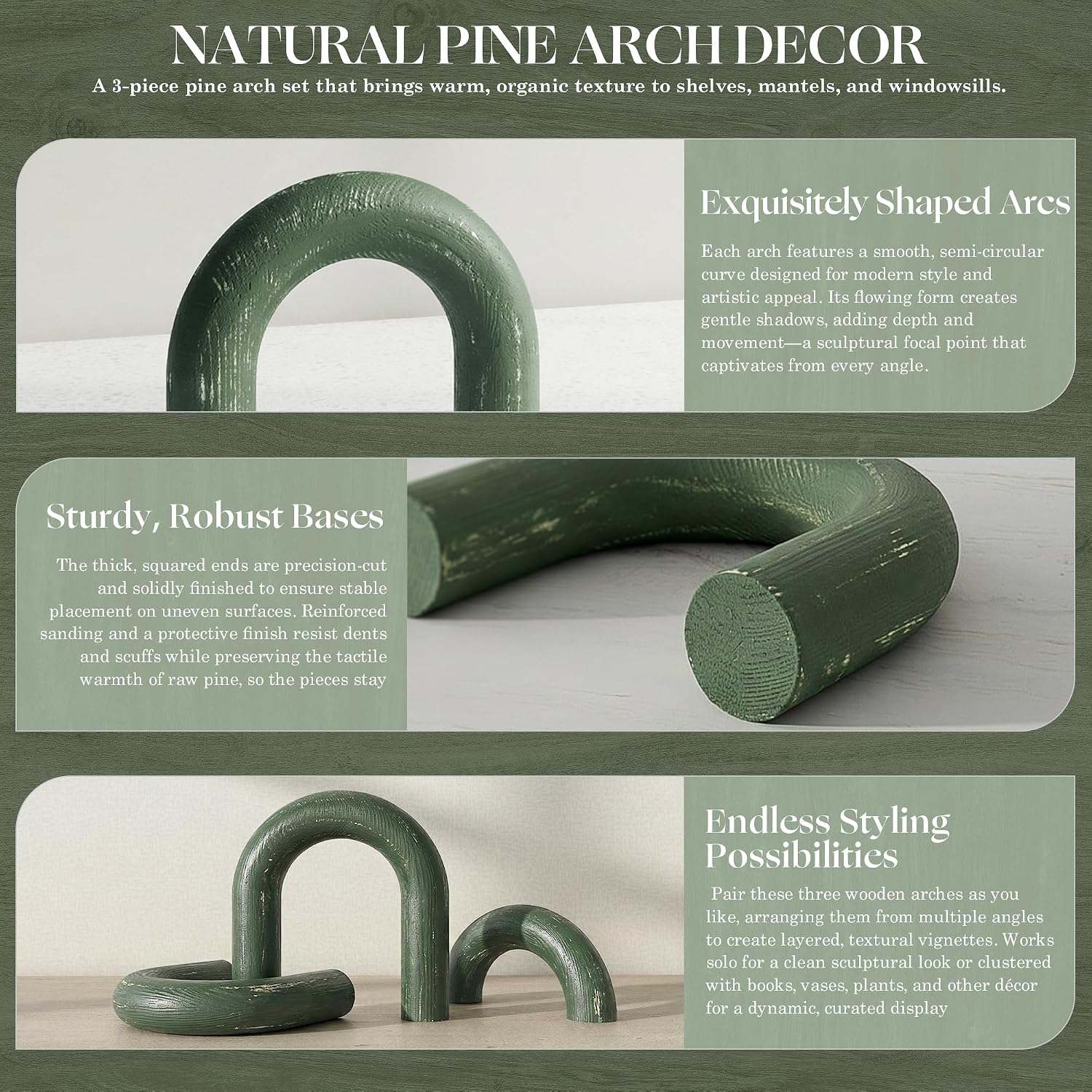 Pine Wooden Arch Decor Set for Boho Decor / Green