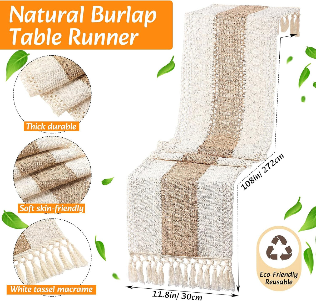 Boho Placemat Table Runner Napkin Rings, Khaki, 12x108, 8 Sets | Woven Mats for Dining with Wood Bead Rings, Cloth