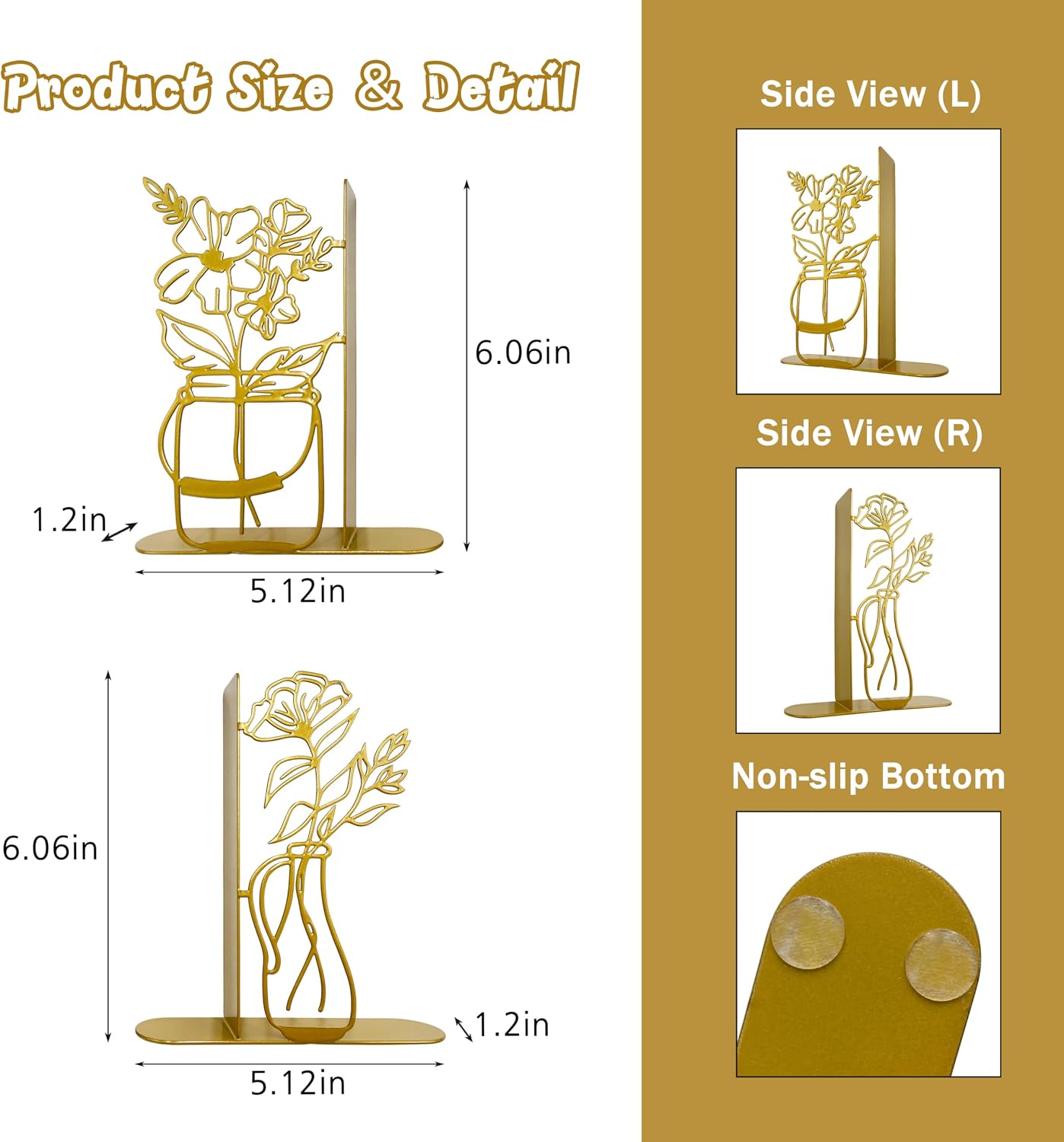 Metal Flower Vase Book Ends / Gold