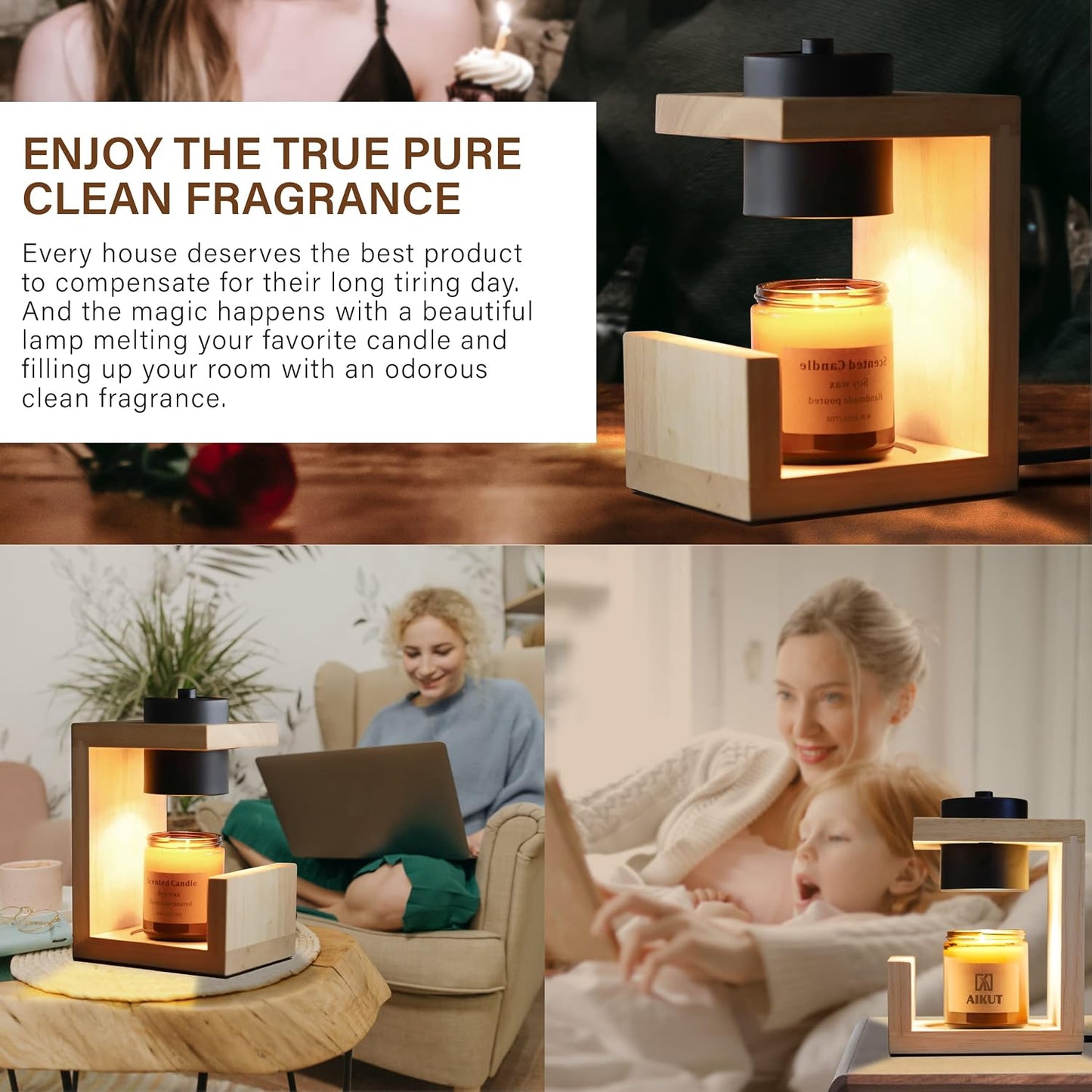 AIKUT Candle Warmer Lamp, with 2 Bulbs,Timer & Dimmer,Simple Natural Wood,Compatible Up to 4.5 inch Candles,for Home
