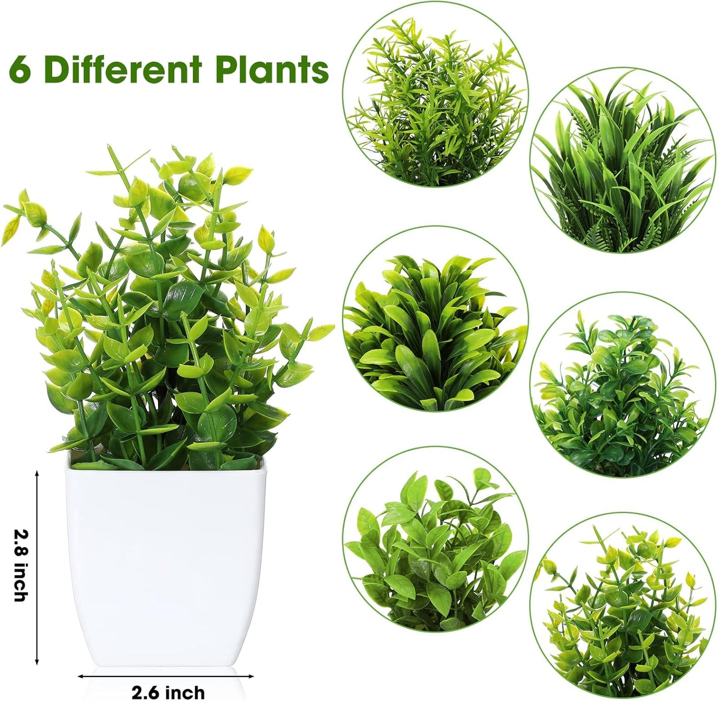 Fake Plants Small Artificial Faux Plants / White Pot / Green / Set of 12