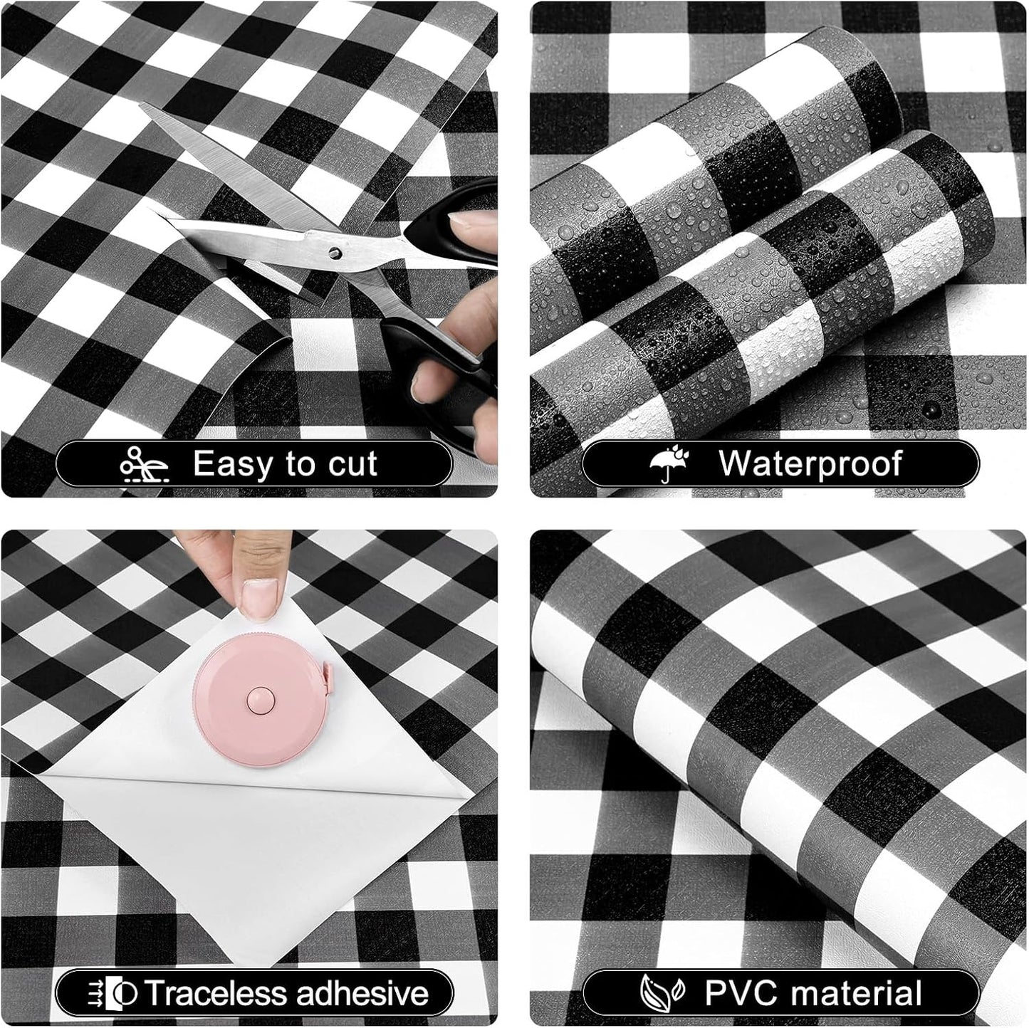 Plaid Peel and Stick Wallpaper Removable Checkered Contact Paper / Black / 17.3 x 240