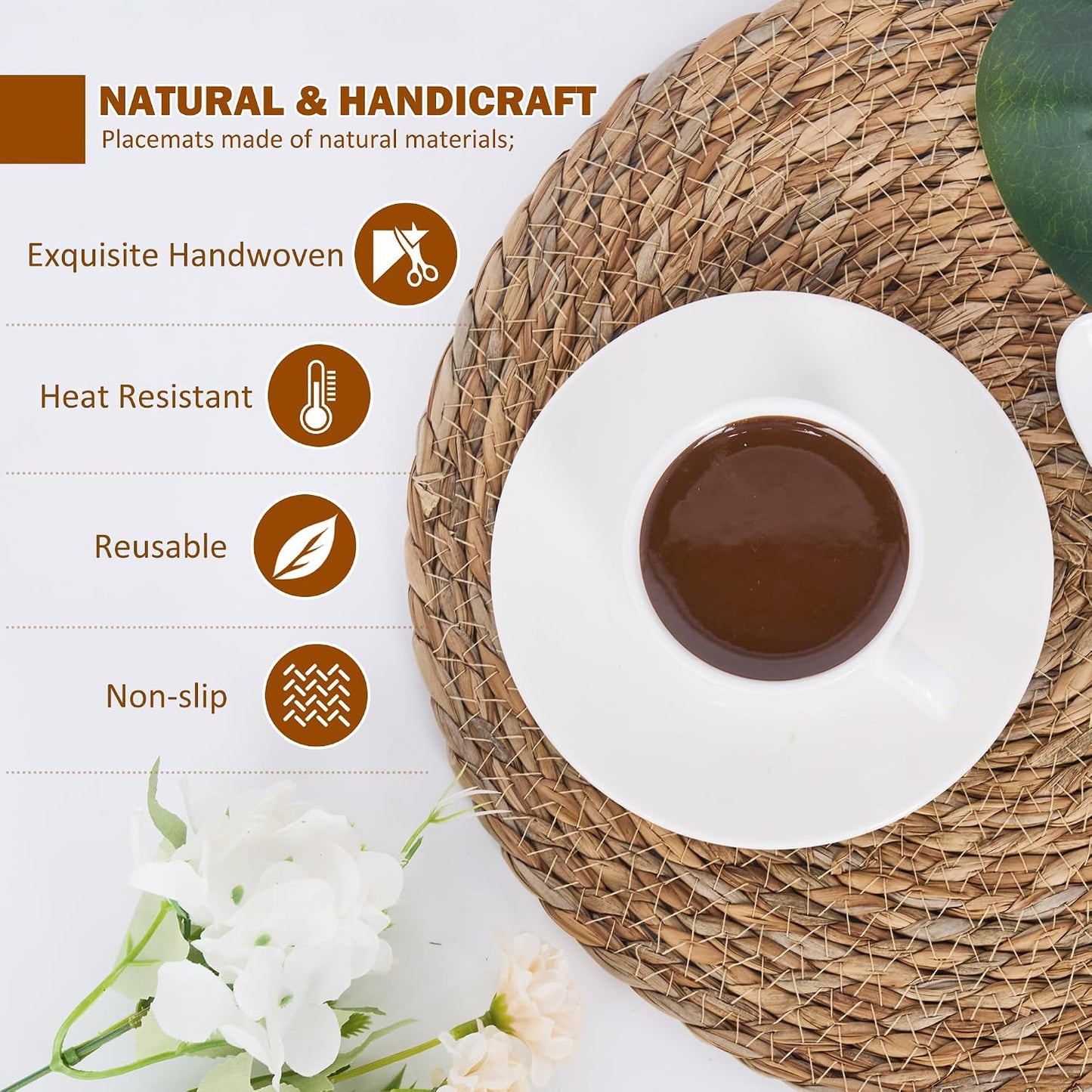Defined Deco Woven Placemats Set of 10,12" Round Rattan Placemats,Natural Hand-Woven Water Hyacinth Placemats,Farmhouse