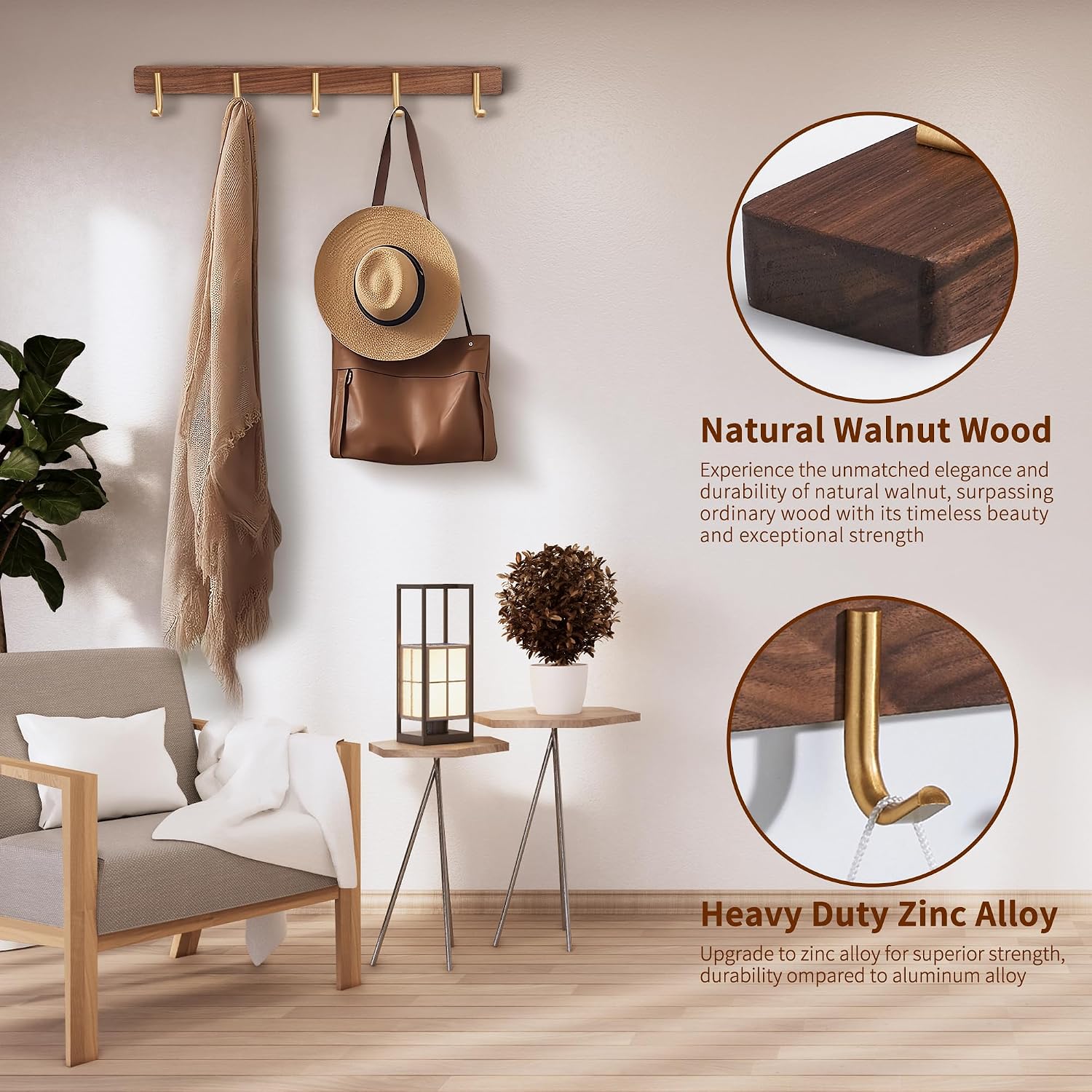 Wall Mounted Coat Rack, 5 Hooks - J Shape | Entryway Hanging Rack with Rustic Hooks for Coat, Scarf, Bag, Towel, Key