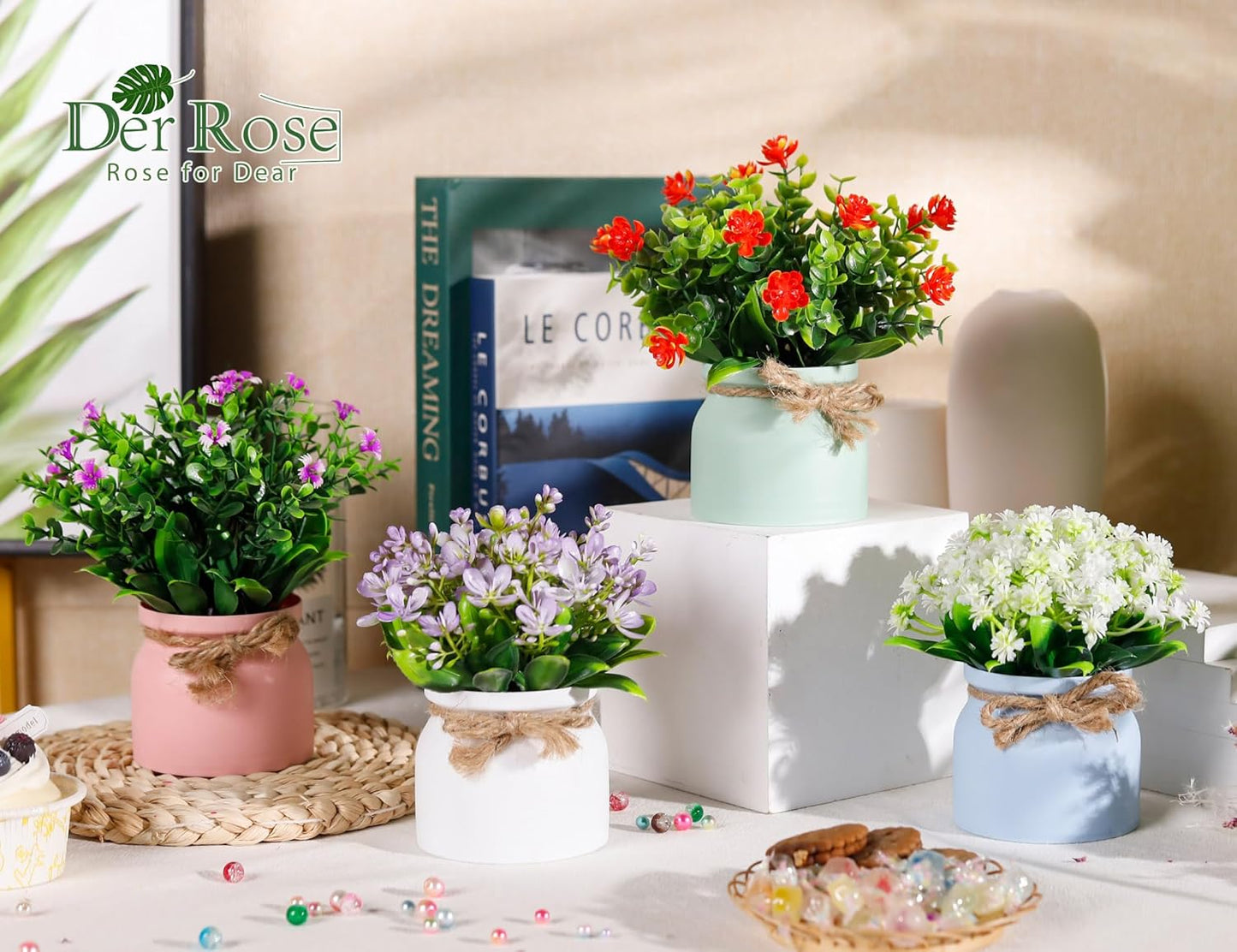 Fake Flowers Small Artificial Faux Plants Indoor Summer Spring Decor for Centerpiece / Set of 4