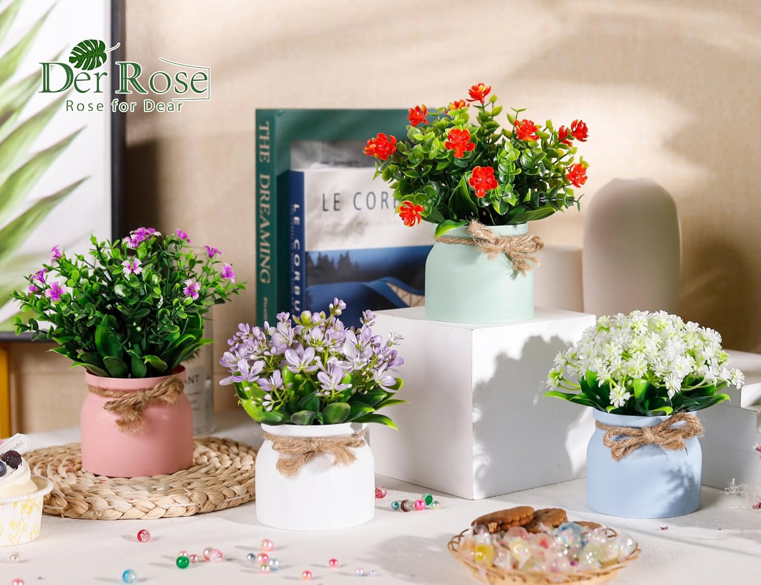 Fake Flowers Small Artificial Faux Plants Indoor Summer Spring Decor for Centerpiece / Set of 4