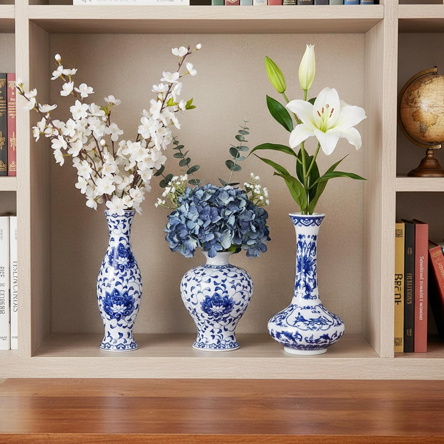 Ceramic Flower Vases / Blue & White Porcelain Set / Set of 3