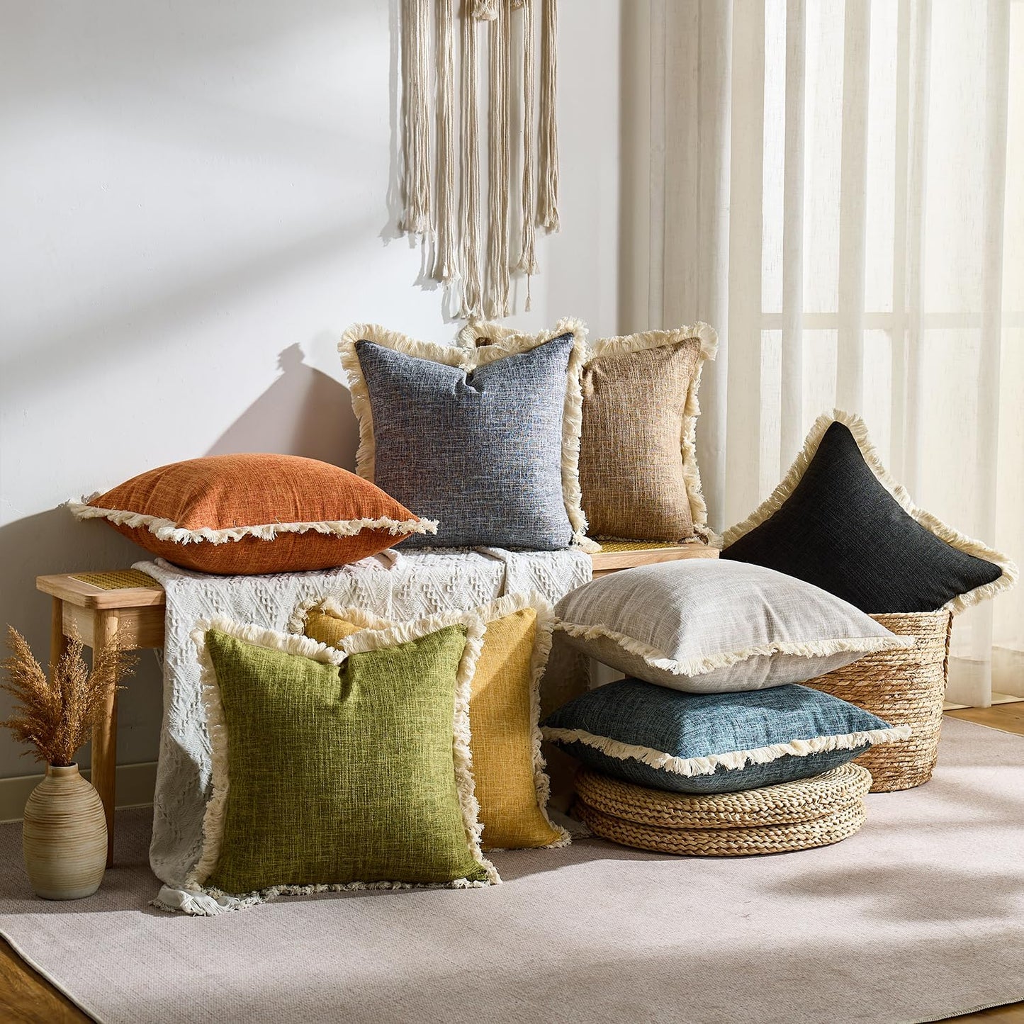 Farmhouse Throw Pillow Covers Fringe Pillow Cases Linen Burlap Boho / Dark Grey / 18 x 18 / Set of 2
