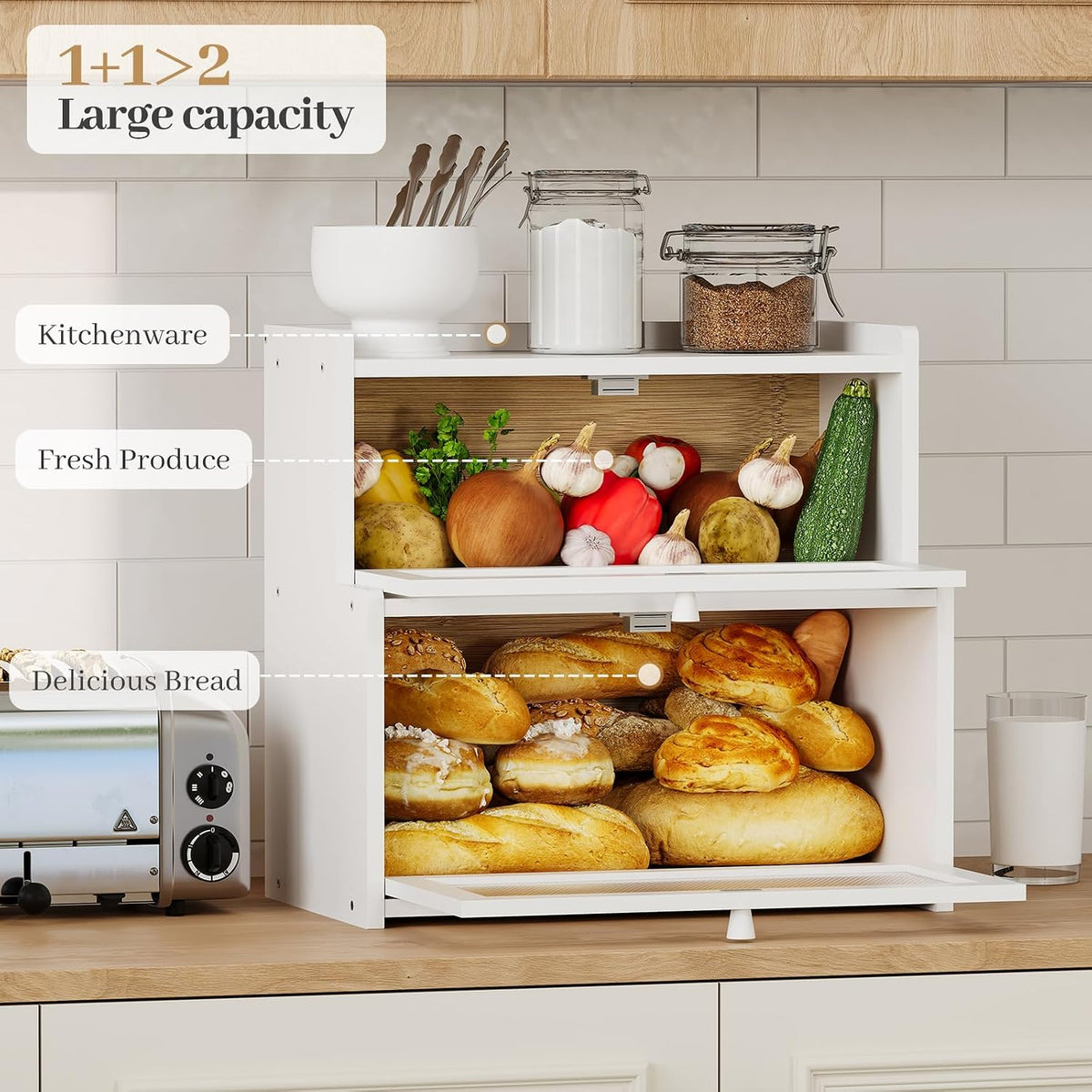 Bread Box for Kitchen Countertop, Large Bamboo Bread Storage Container with Double Layer, Bread Holder for Homemade