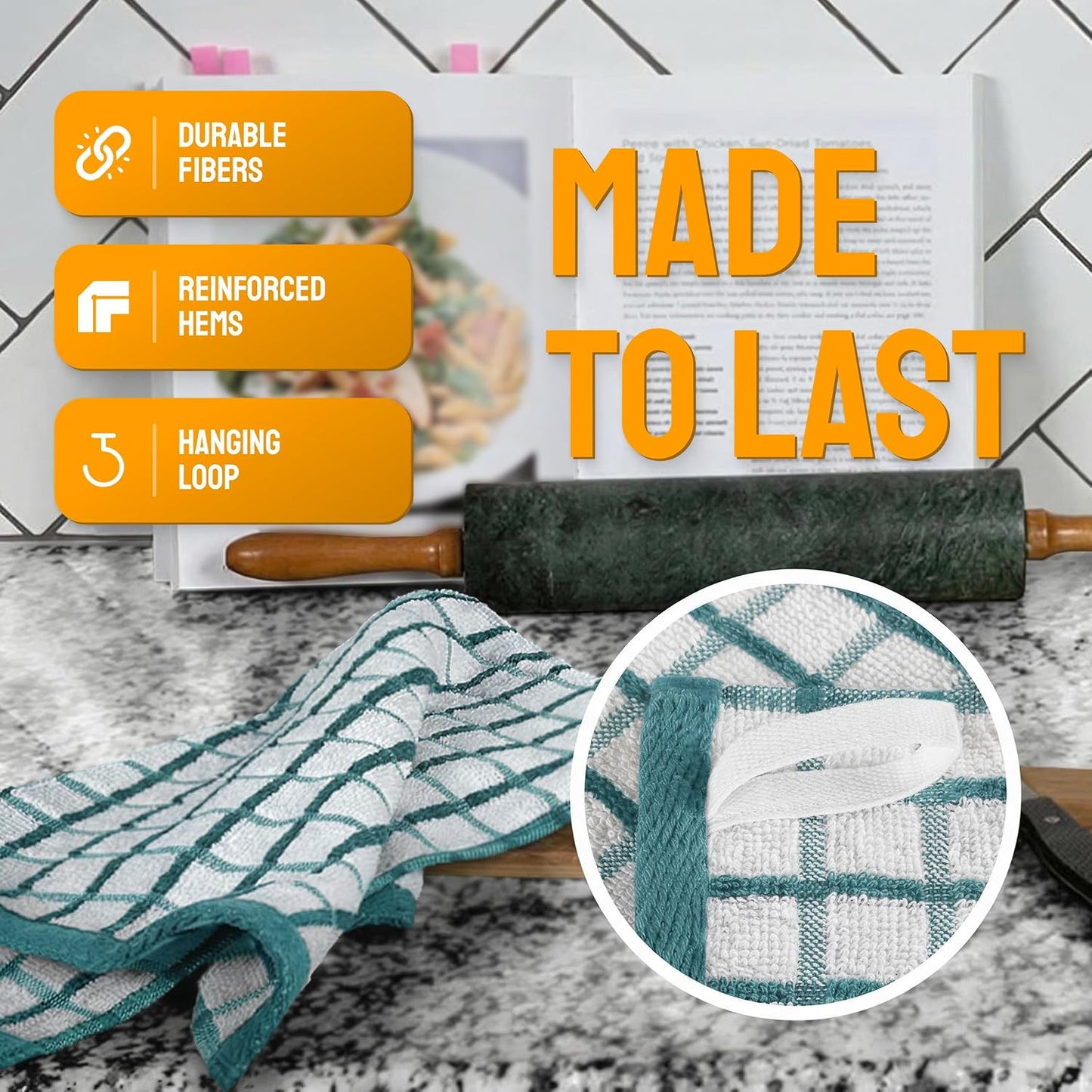 White Classic [8 Pack] Premium Dish Towels for Kitchen, with Hanging Loop - Heavy Duty Absorbent 100% Cotton 410 GSM